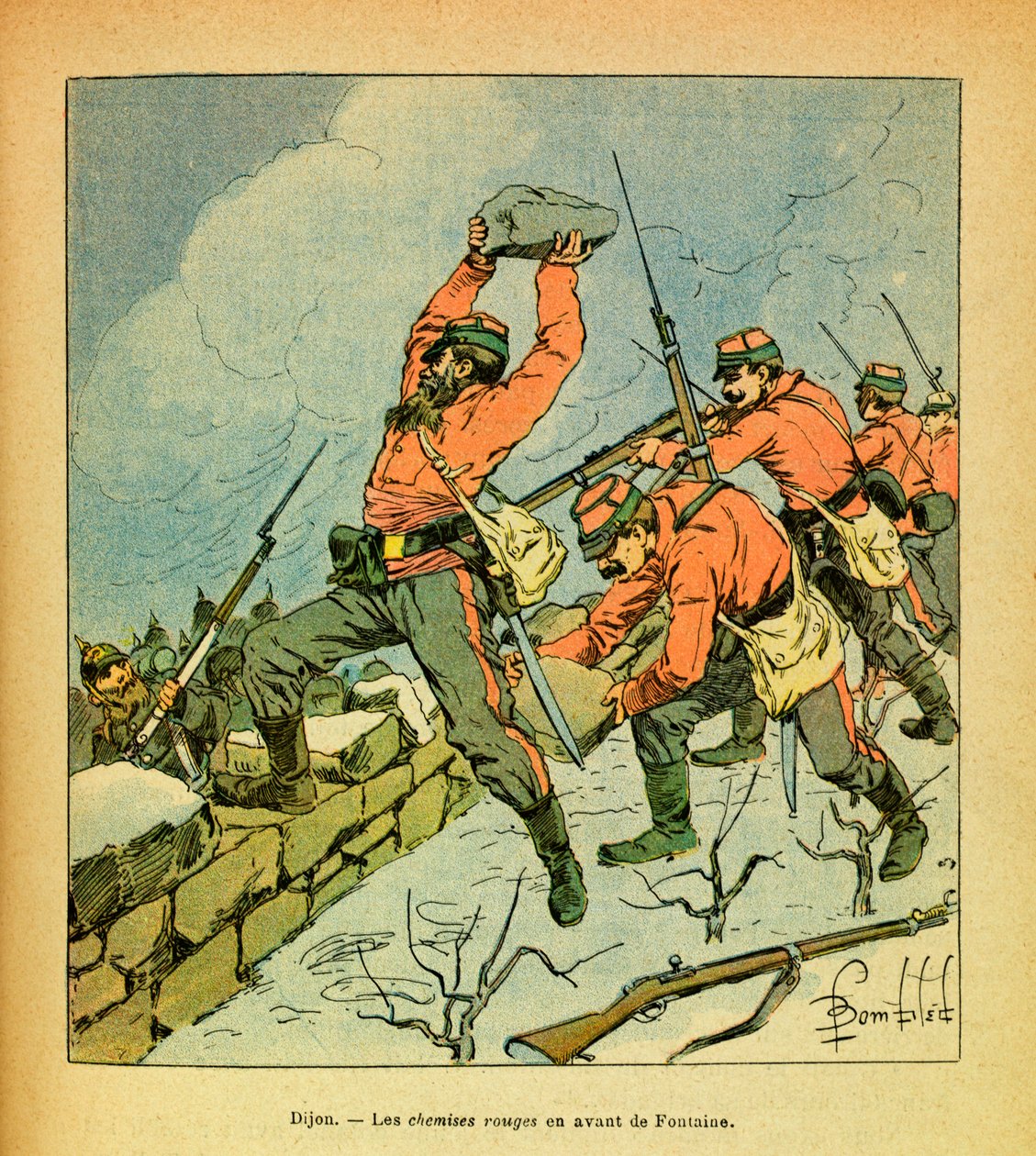 Het Oostelijke Leger van Eugene Sergeant, bekend als Grenest, geïllustreerd door Louis Bombled (1862-1927) (Frans-Duitse Oorlog; campagne 1870-1871): De rode hemden van Garibaldi voor Fontaine tijdens de gevechten van Dijon in januari 1871, Privécollectie door Louis Charles Bombled