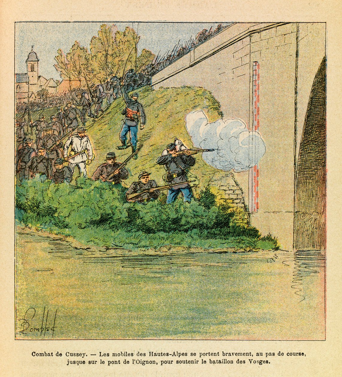 Het Oostelijke Leger van Eugene Sergeant, bekend als Grenest, geïllustreerd door Louis Bombled (1862-1927) (Frans-Duitse Oorlog; campagne van 1870-1871): De mobiele telefoons van Hautes Alpes helpen het bataljon van de Vogezen tijdens de gevechten van Cuss door Louis Charles Bombled