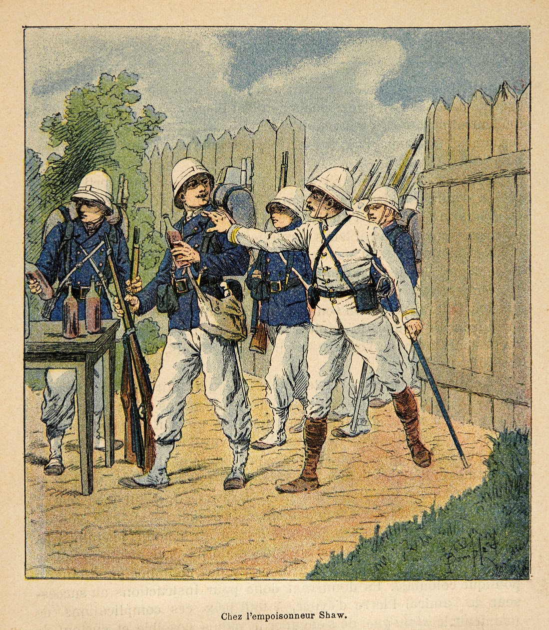 De oorlog in Madagaskar - Anekdotische geschiedenis van de Franse expedities van 1885-1895 door Henri Galli, geïllustreerd door Louis Bombled: Franse troepen bij de vergiftiger Shaw in 1884 door Louis Charles Bombled