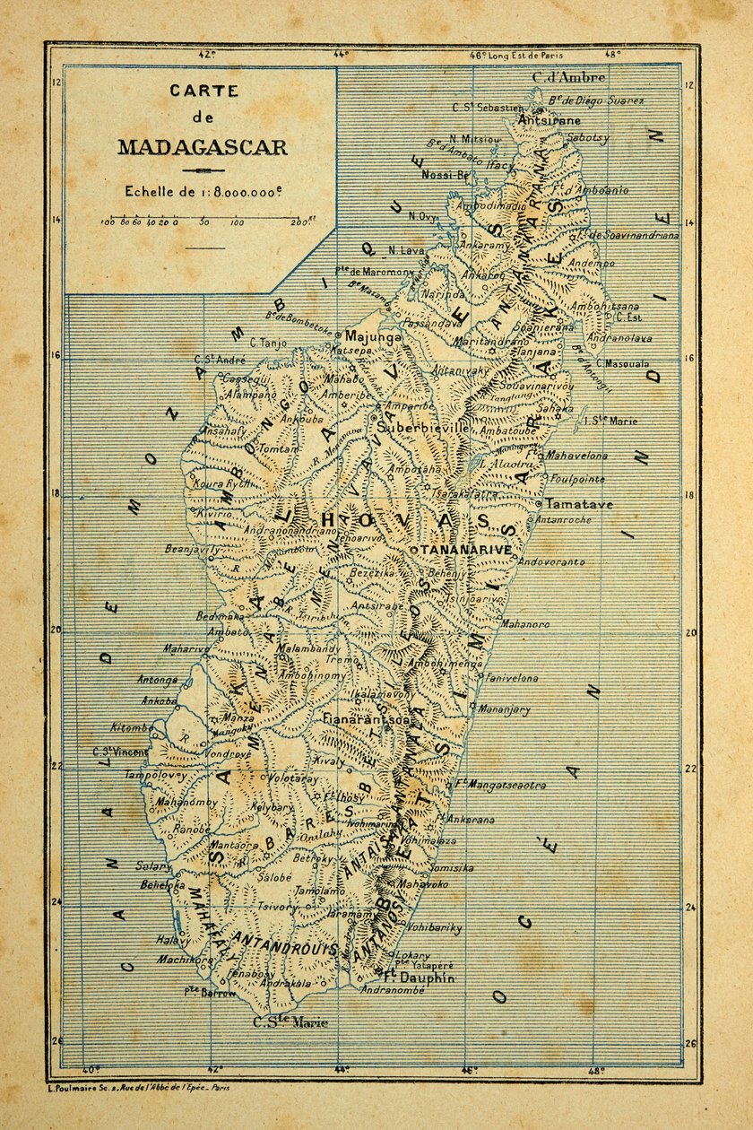 De oorlog in Madagaskar - Anecdotische geschiedenis van de Franse expedities van 1885-1895 door Henri Galli, geïllustreerd door Louis Bombled: Kaart van Madagaskar, privécollectie door Louis Charles Bombled