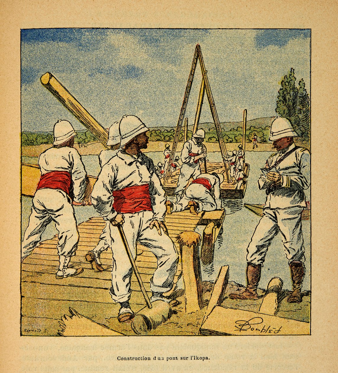 De oorlog in Madagaskar - Anecdotische geschiedenis van de Franse expedities van 1885-1895 door Henri Galli, geïllustreerd door Louis Bombled: Bouw van een brug door de genie over de Ikopa-rivier in 1895, privécollectie door Louis Charles Bombled