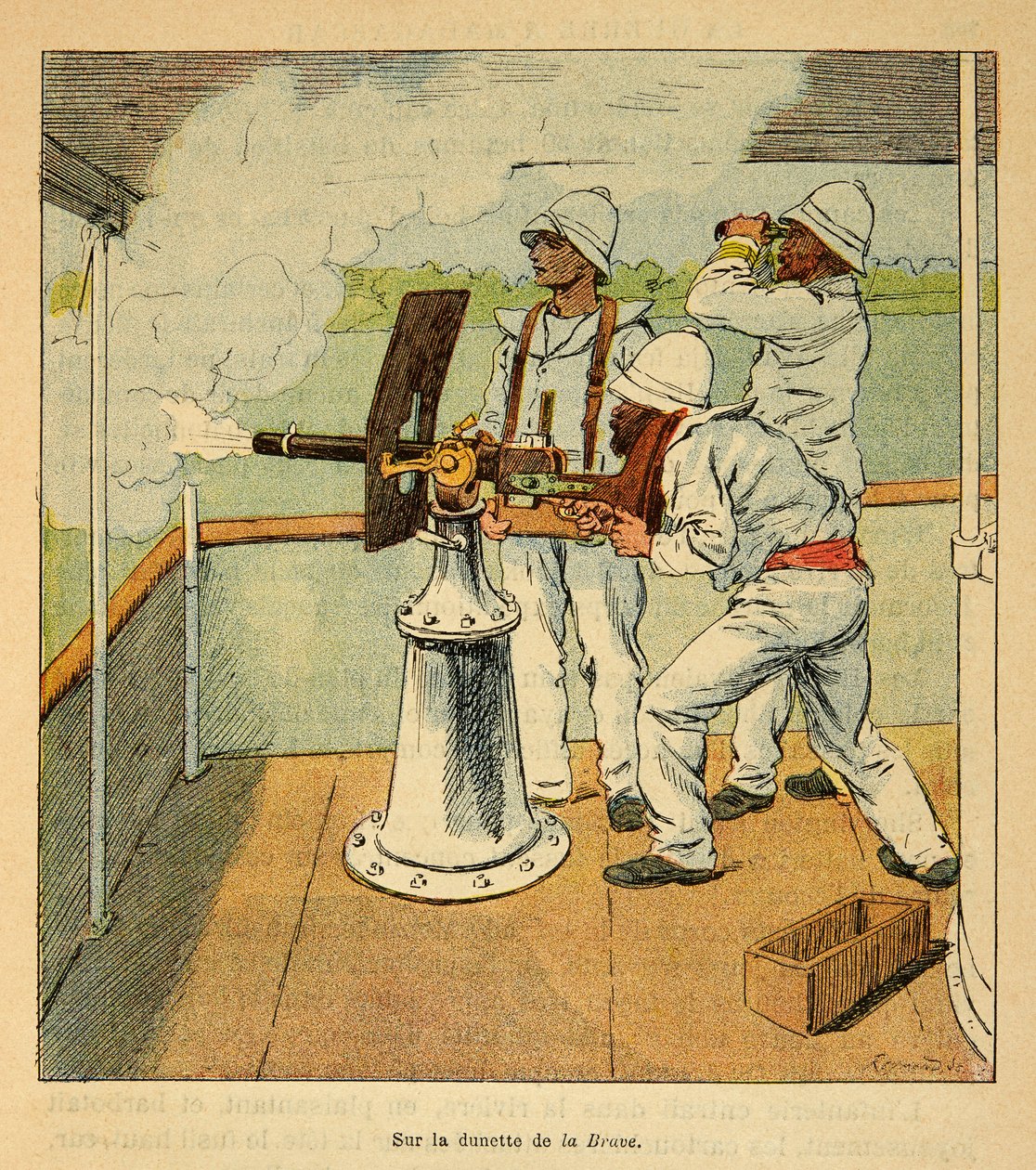 De oorlog in Madagaskar - Anecdotische geschiedenis van de Franse expedities van 1885-1895 door Henri Galli, geïllustreerd door Louis Bombled: Kanonschot op de Hovas aan boord van de kanonneerboot 