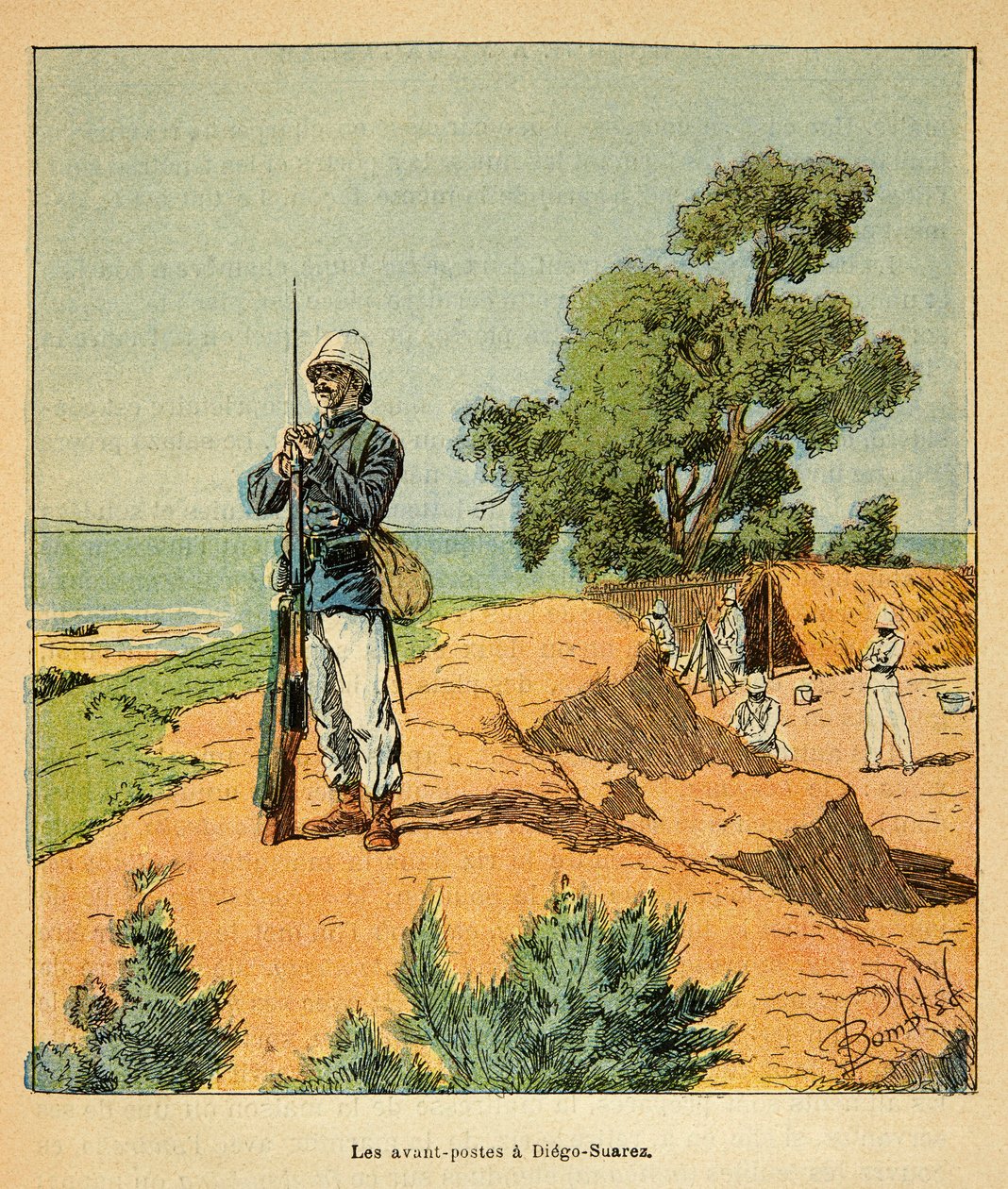 De oorlog in Madagaskar - Anecdotische geschiedenis van de Franse expedities van 1885-1895 door Henri Galli, geïllustreerd door Louis Bombled: Frans voorpost in Diego-Suarez in Madagaskar in 1885, privécollectie door Louis Charles Bombled