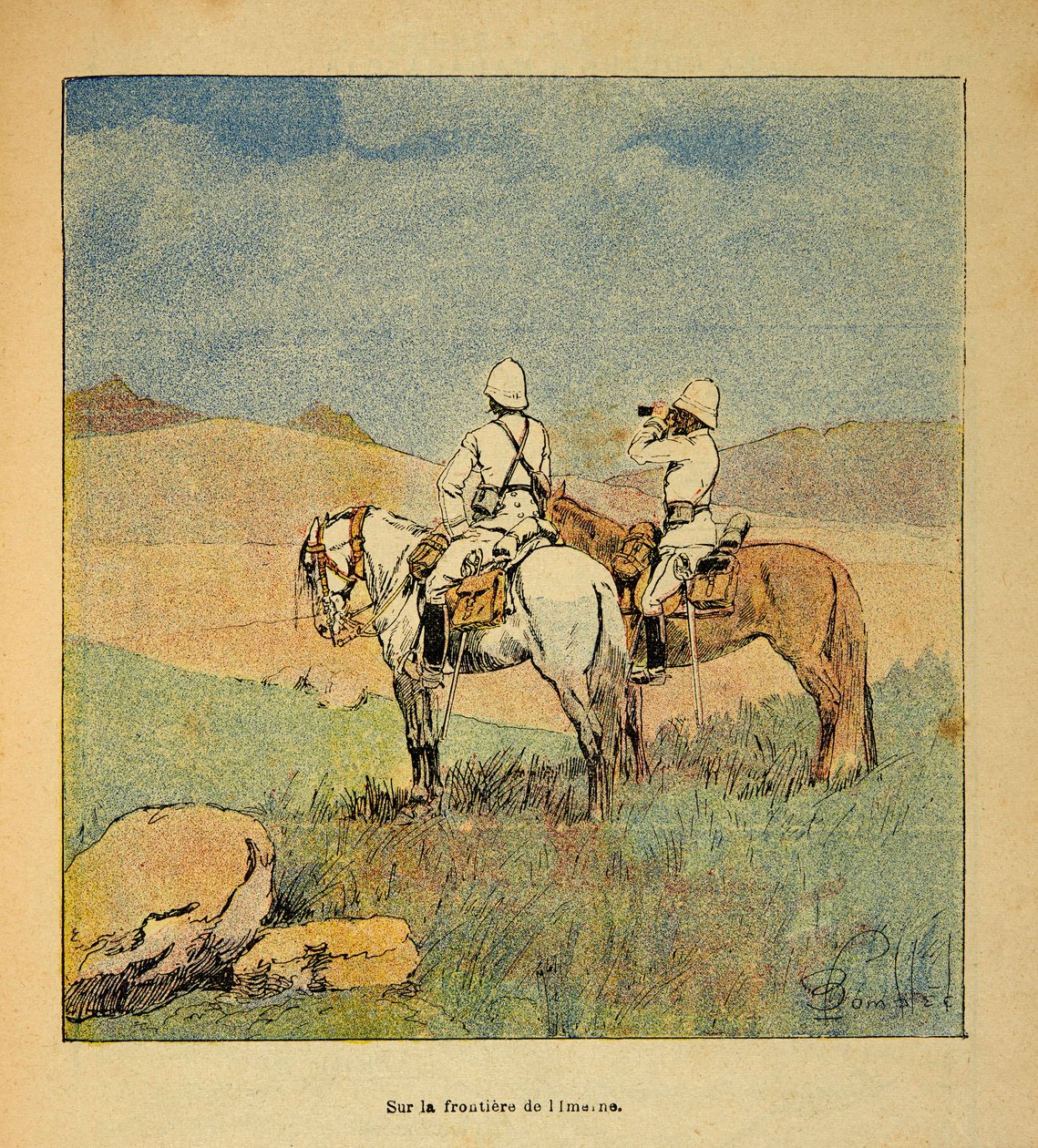 De oorlog in Madagaskar - Anecdotische geschiedenis van de Franse expedities van 1885-1895 door Henri Galli, geïllustreerd door Louis Bombled: Militairen op verkenning aan de grens van Imerne naar Madagaskar in 1895 door Louis Charles Bombled
