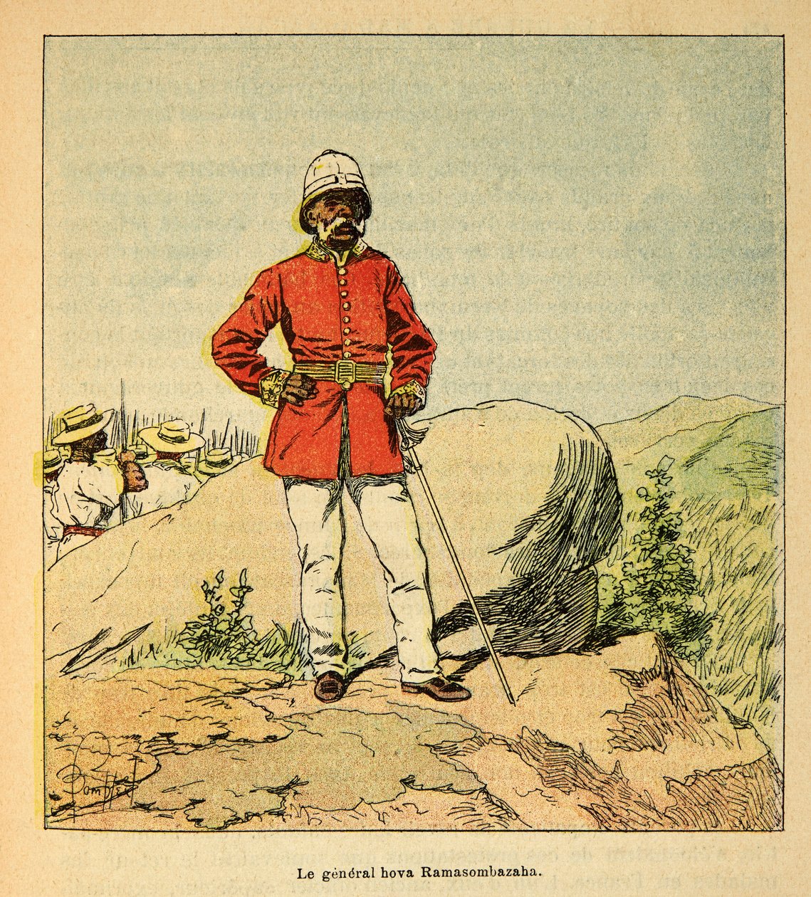 De oorlog in Madagaskar - Anecdotische geschiedenis van de Franse expedities van 1885-1895 door Henri Galli, geïllustreerd door Louis Bombled: Portret van generaal Hova Ramasombazaha door Louis Charles Bombled