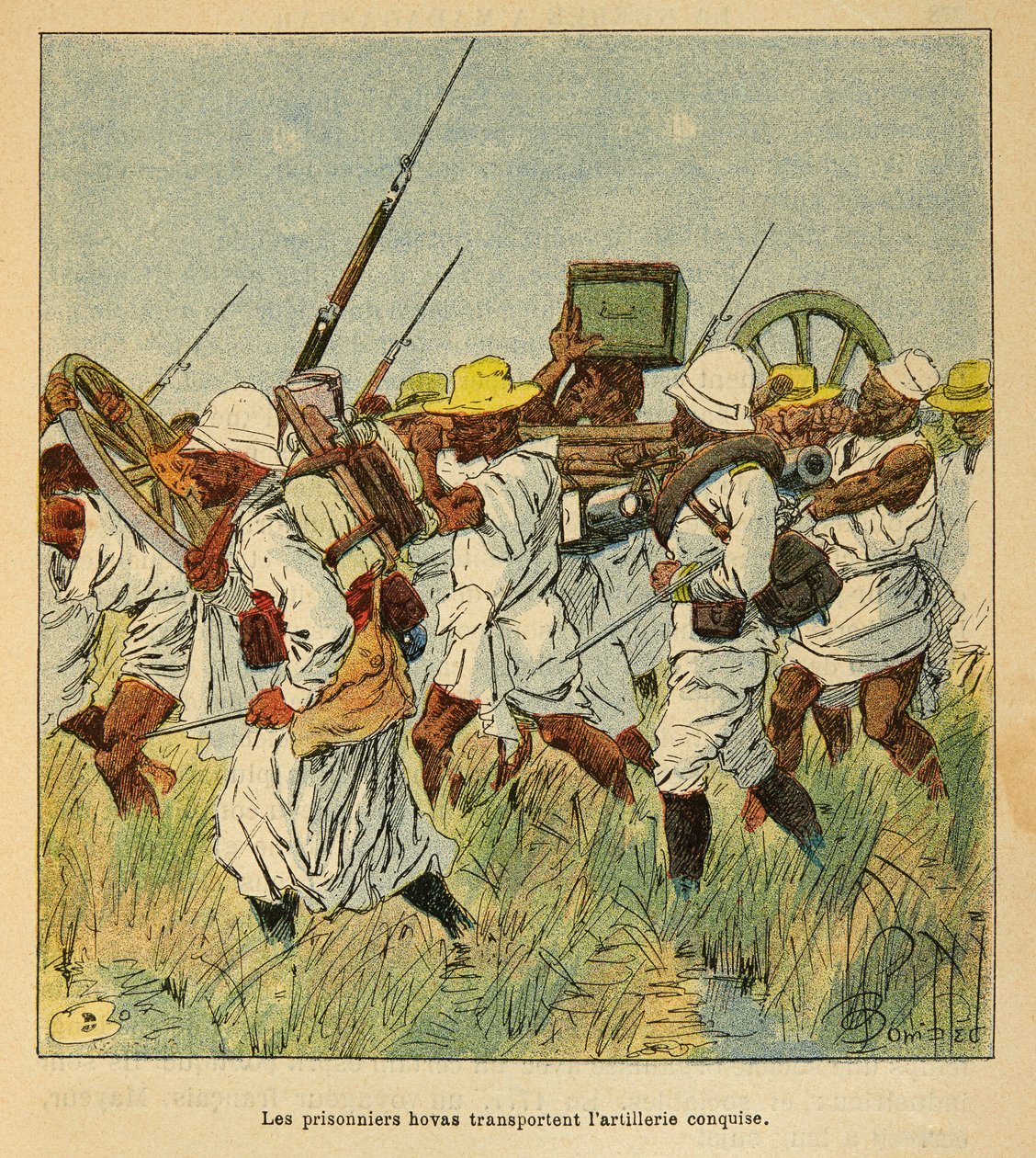 De oorlog in Madagaskar - Anecdotische geschiedenis van de Franse expedities van 1885-1895 door Henri Galli, geïllustreerd door Louis Bombled: Gevangenen Hovas gebruikt om artilleriestukken te vervoeren door Louis Charles Bombled