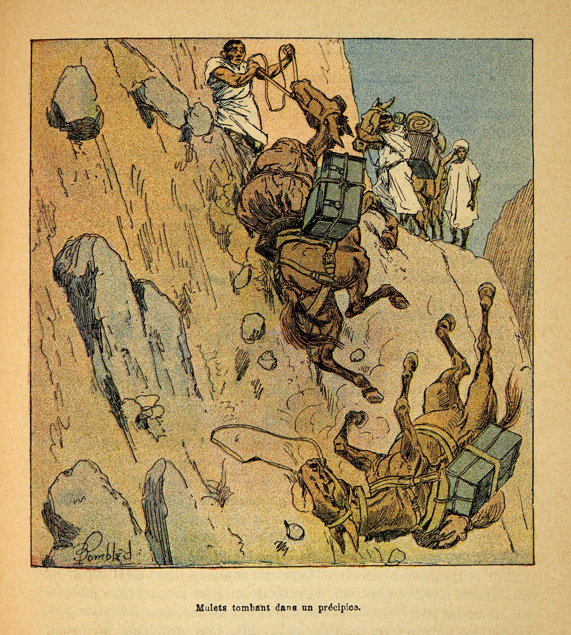 De oorlog in Madagaskar-Anekdotische geschiedenis van de Franse expedities van 1885-1895 door Henri Galli, geïllustreerd door Louis Bombled: Muilezels van een militair konvooi vallen in een afgrond door Louis Charles Bombled
