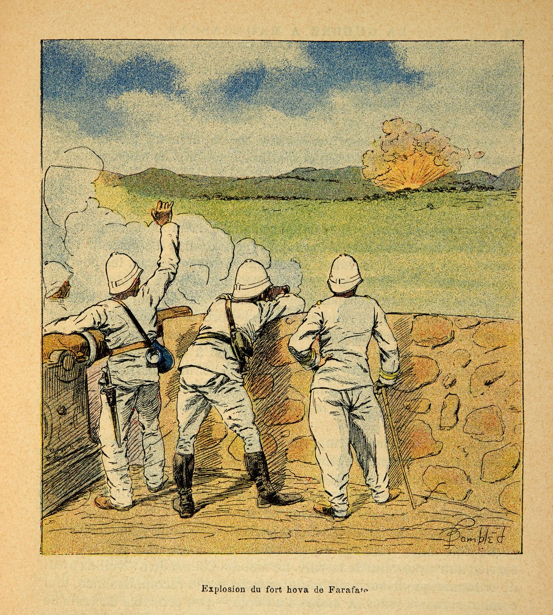 De oorlog in Madagaskar-Anekdotische geschiedenis van de Franse expedities van 1885-1895 door Henri Galli, geïllustreerd door Louis Bombled: Explosie van Fort Hova in Farafate in 1895 door Louis Charles Bombled
