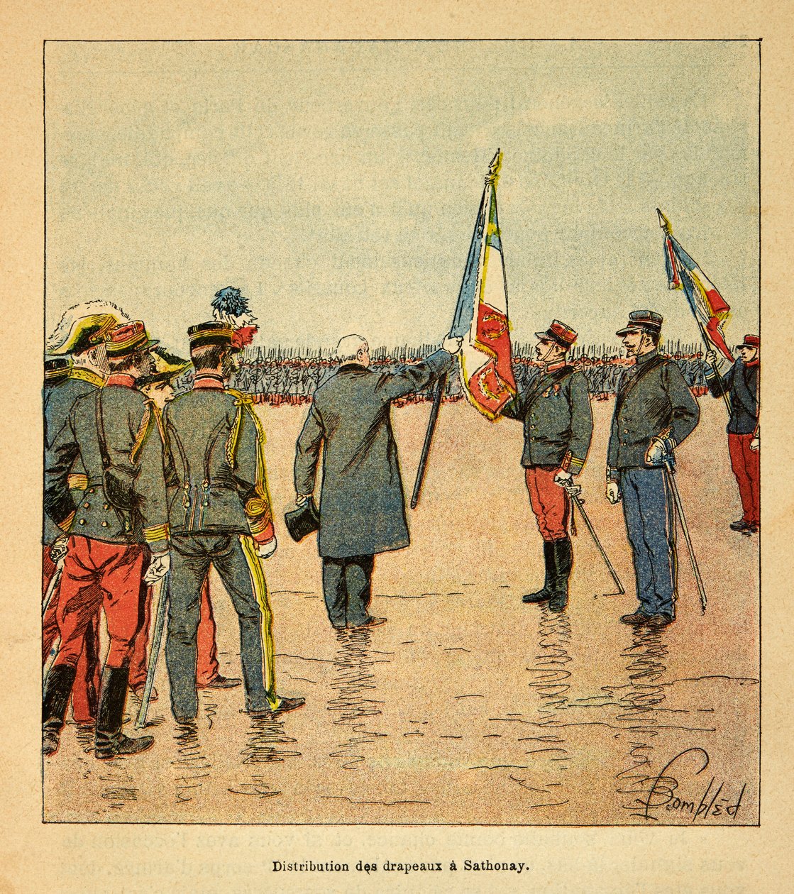 De oorlog in Madagaskar-Anekdotische geschiedenis van de Franse expedities van 1885-1895 door Henri Galli, geïllustreerd door Louis Bombled: Distributie van vlaggen in Sathonay aan de troepen die vertrekken naar Madagaskar in 1895 door Louis Charles Bombled