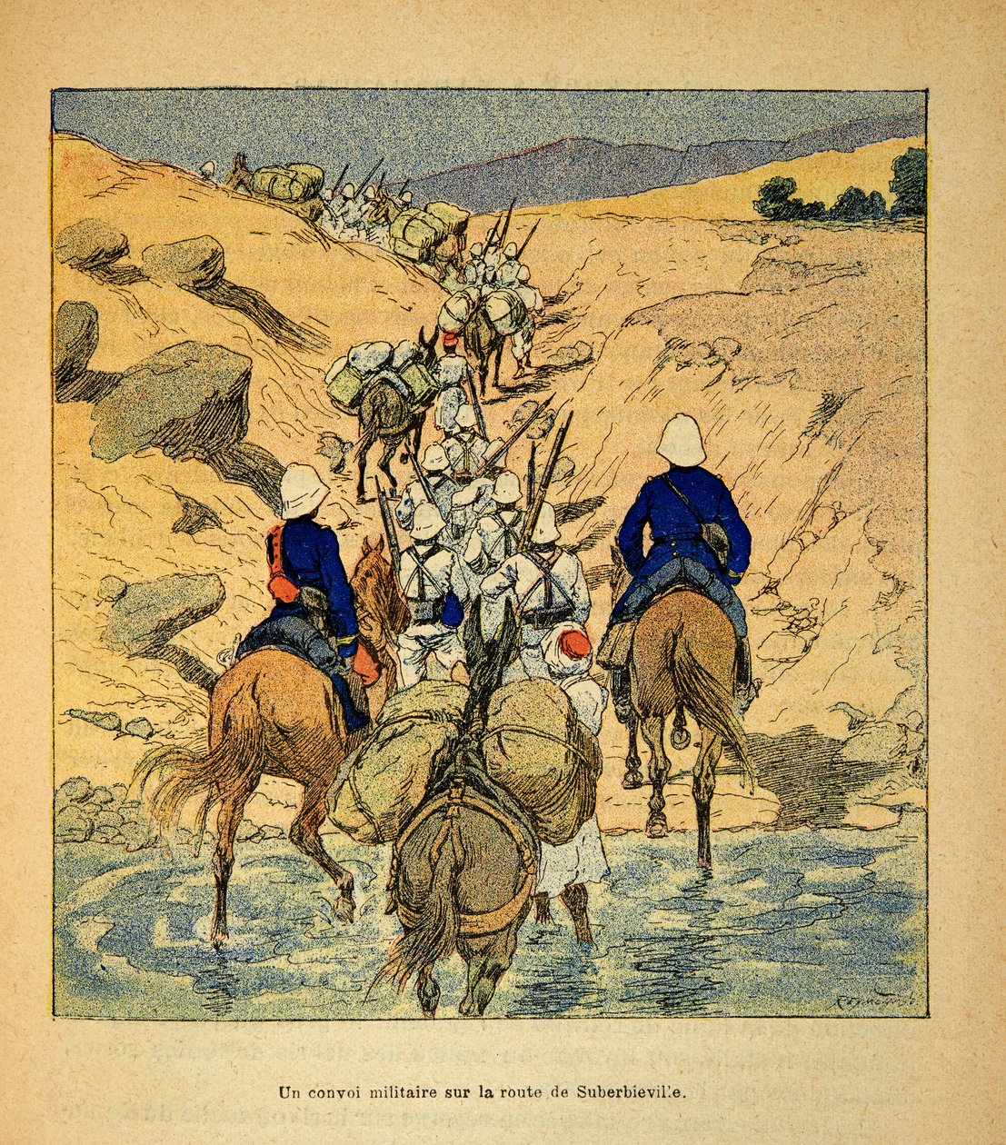 De oorlog in Madagaskar - Anecdotische geschiedenis van de Franse expedities van 1885-1895 door Henri Galli, geïllustreerd door Louis Bombled: een militair konvooi op weg naar Suberbieville in 1895 door Louis Charles Bombled