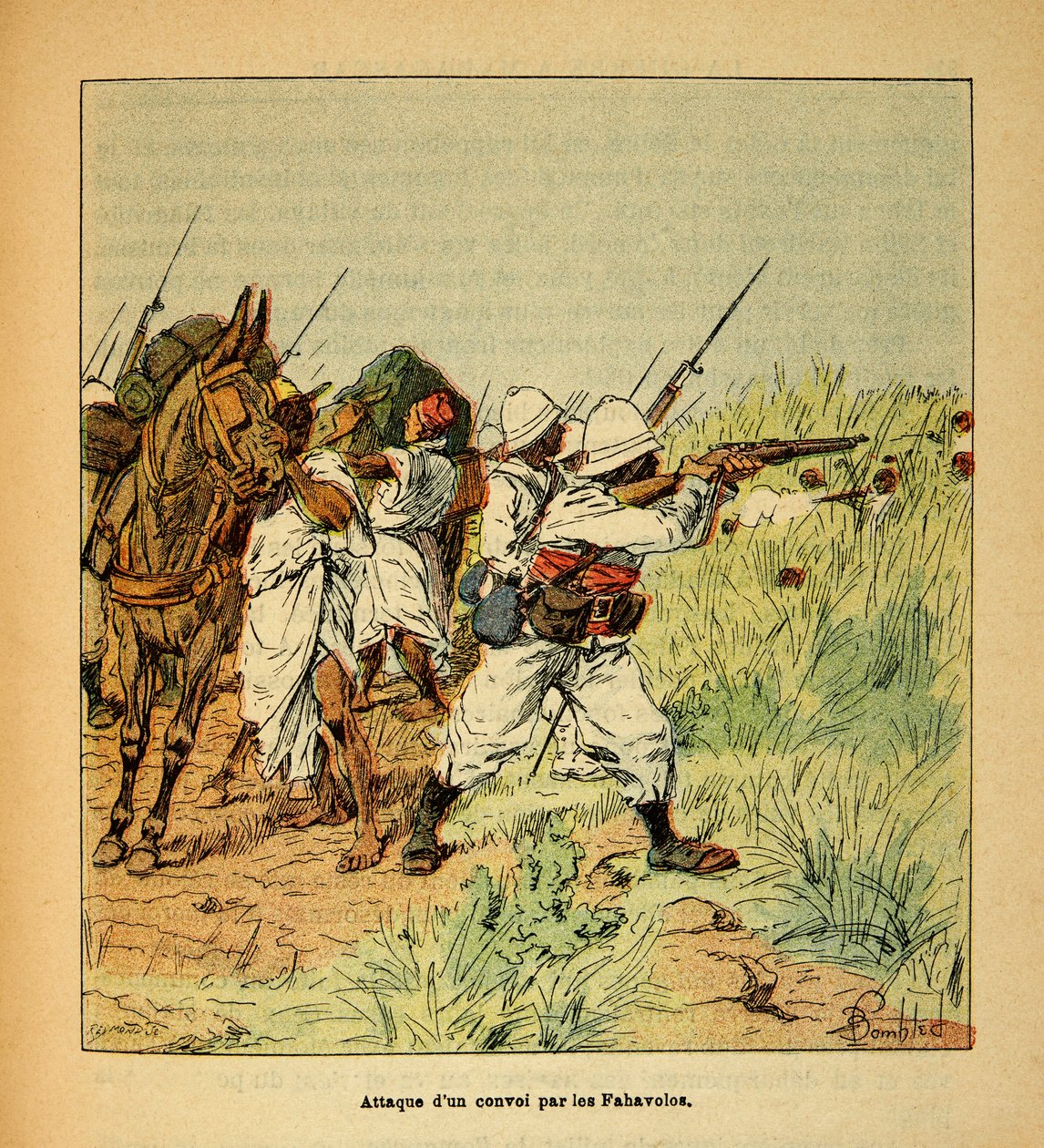 De oorlog in Madagaskar - Anecdotische geschiedenis van de Franse expedities van 1885-1895 door Henri Galli, geïllustreerd door Louis Bombled: Aanval op een militair konvooi door de Fahavolos door Louis Charles Bombled