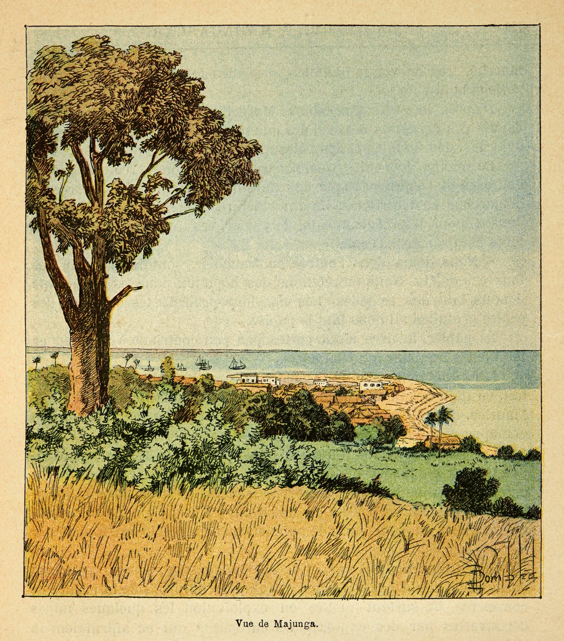 De oorlog in Madagaskar - Anecdotische geschiedenis van de Franse expedities van 1885-1895 door Henri Galli, geïllustreerd door Louis Bombled: Uitzicht op de stad Majunga in de 19e eeuw door Louis Charles Bombled
