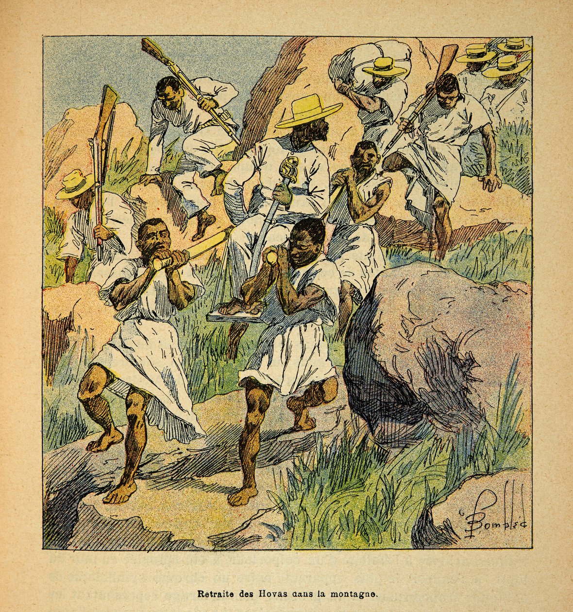 De Oorlog in Madagaskar-Anekdotische Geschiedenis van de Franse Expedities van 1885-1895 door Henri Galli alias Galllichet (1854-1922), geïllustreerd door Louis Bombled (1862-1927): Terugtrekking van Hovas-troepen in de Bergen, Privécollectie door Louis Charles Bombled