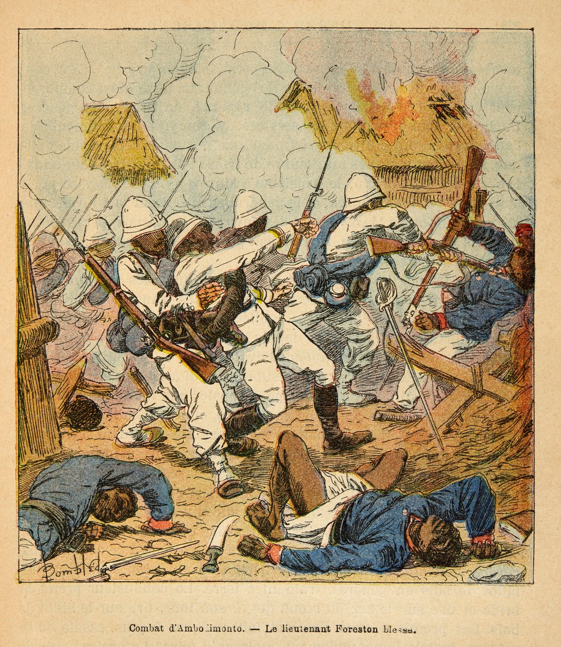 De oorlog in Madagaskar - Anecdotische geschiedenis van de Franse expedities van 1885-1895 door Henri Galli, geïllustreerd door Louis Bombled: Luitenant Foreston gewond tijdens de gevechten van Ambolomonty in 1895, Privécollectie door Louis Charles Bombled