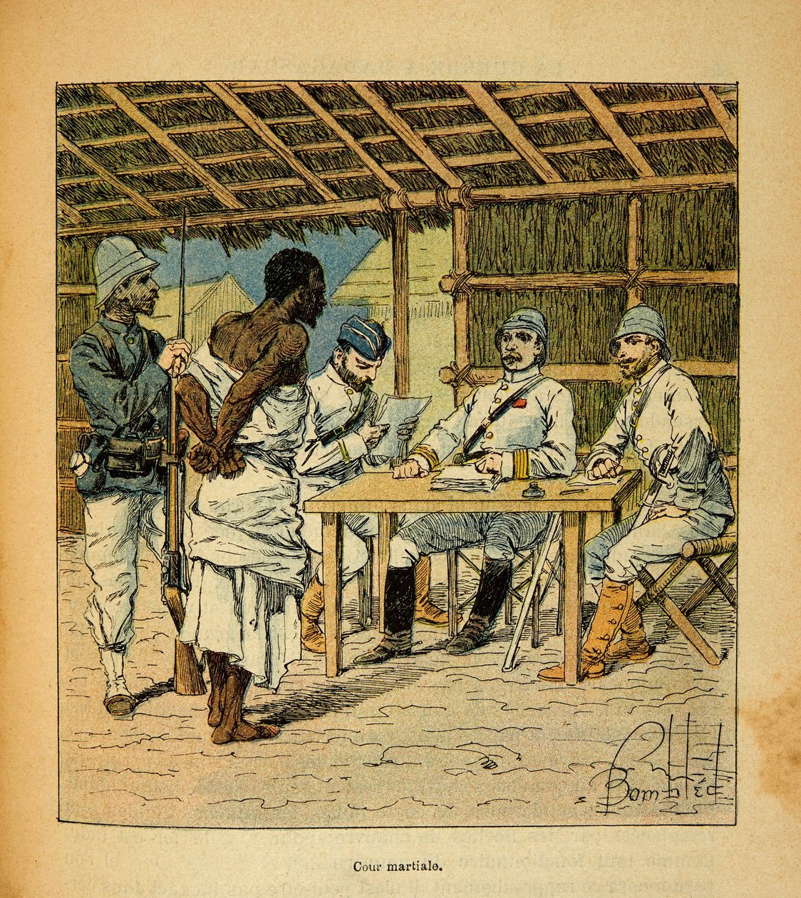 De oorlog in Madagaskar-Anekdotische geschiedenis van de Franse expedities van 1885-1895 door Henri Galli dit Galllichet (1854-1922), geïllustreerd door Louis Bombled (1862-1927): Ondervraging van een Hovas-gevangene door de Fransen, Privécollectie door Louis Charles Bombled