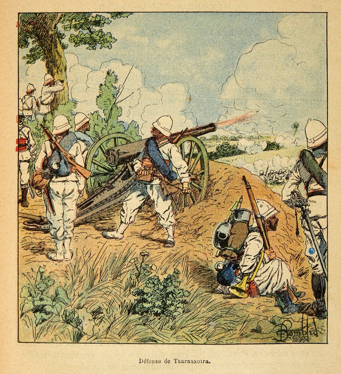 De oorlog in Madagaskar-Anekdotische geschiedenis van de Franse expedities van 1885-1895 door Henri Galli dit Galllichet (1854-1922), geïllustreerd door Louis Bombled (1862-1927): Verdediging van Tsarasaotra in 1895, Privécollectie door Louis Charles Bombled