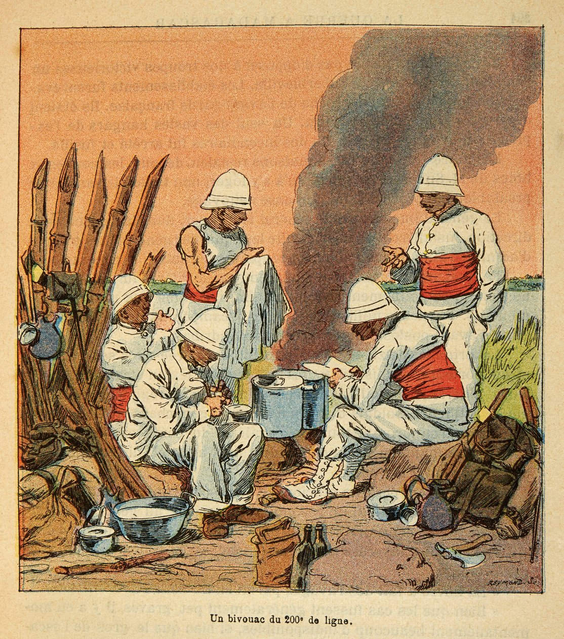 De oorlog in Madagaskar-Anekdotische geschiedenis van de Franse expedities van 1885-1895 door Henri Galli dit Galllichet (1854-1922), geïllustreerd door Louis Bombled (1862-1927): Een bivak van de 200e linie in Madagaskar in 1895, Privécollectie door Louis Charles Bombled