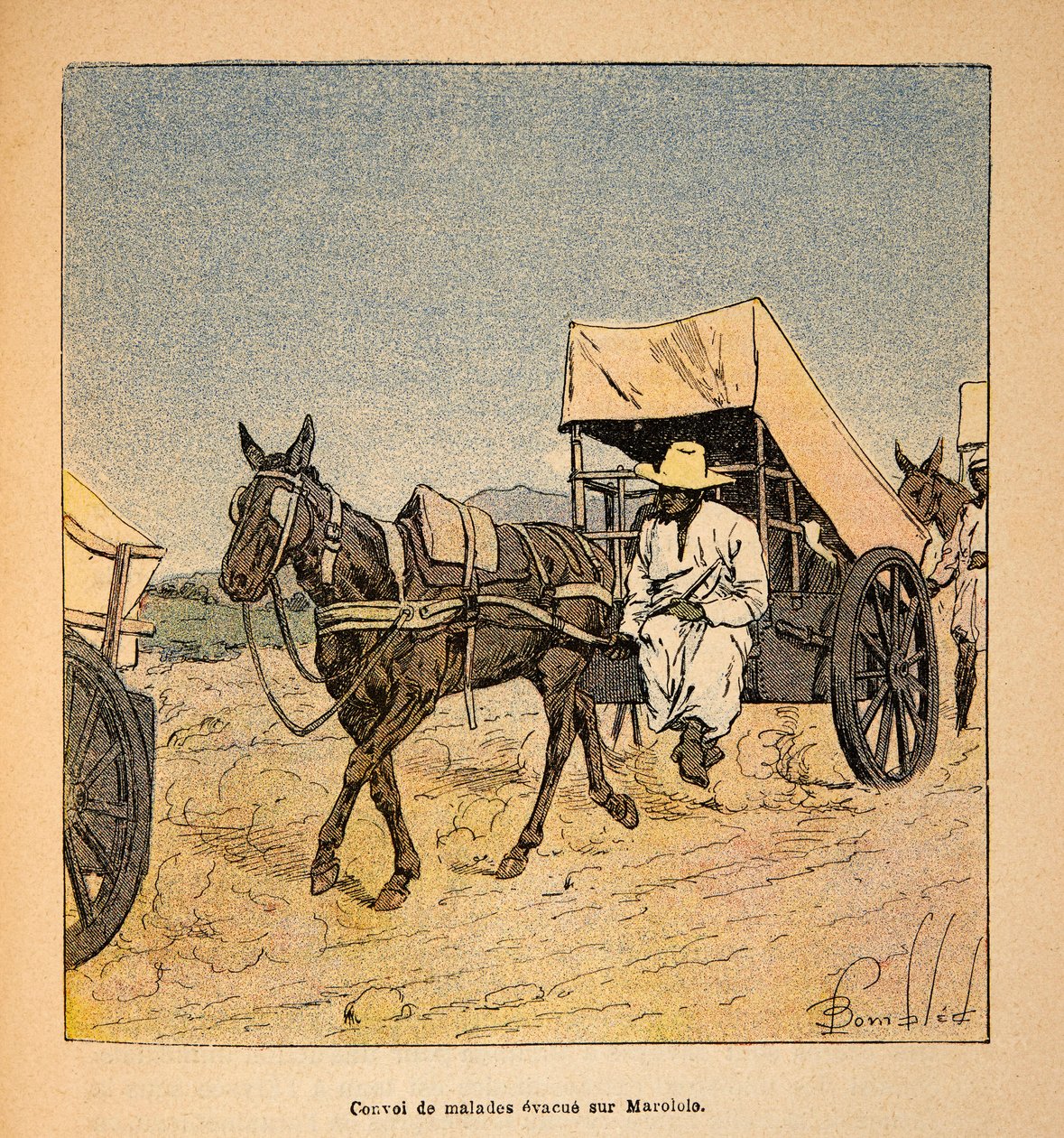 De Oorlog in Madagaskar-Anekdotische Geschiedenis van de Franse Expedities van 1885-1895 door Henri Galli, geïllustreerd door Louis Bombled: Konvooi van zieke ontsnappingen op Marololo, privécollectie door Louis Charles Bombled
