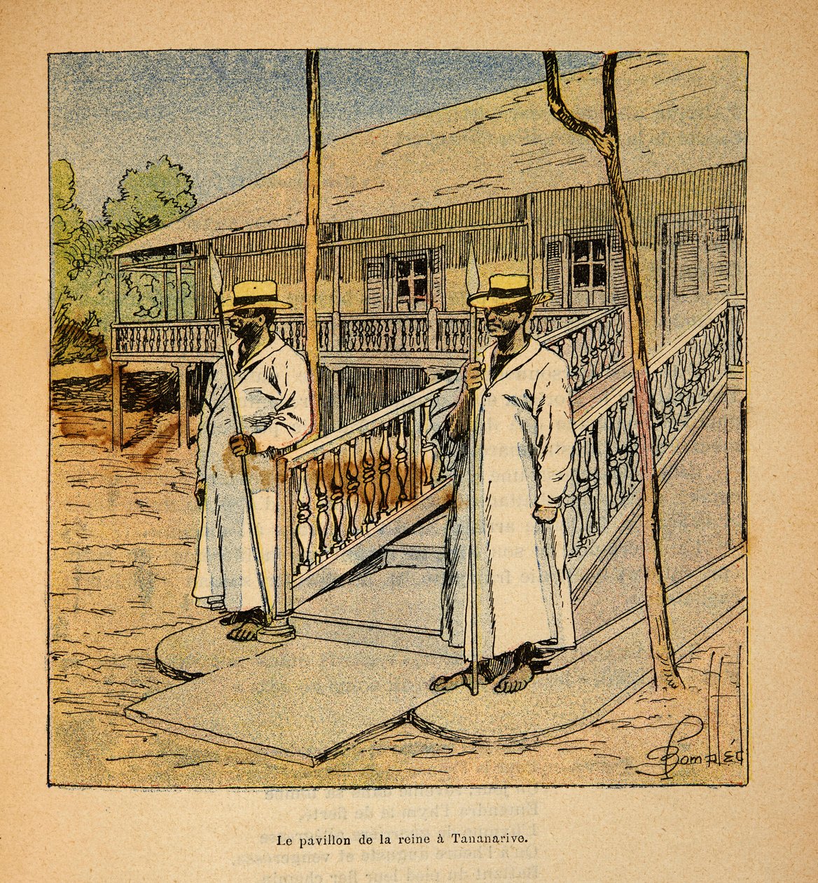 De Oorlog in Madagaskar-Anekdotische Geschiedenis van de Franse Expedities van 1885-1895 door Henri Galli, geïllustreerd door Louis Bombled: Het paviljoen van koningin Ranavalona in Tananarive in 1895, privécollectie door Louis Charles Bombled