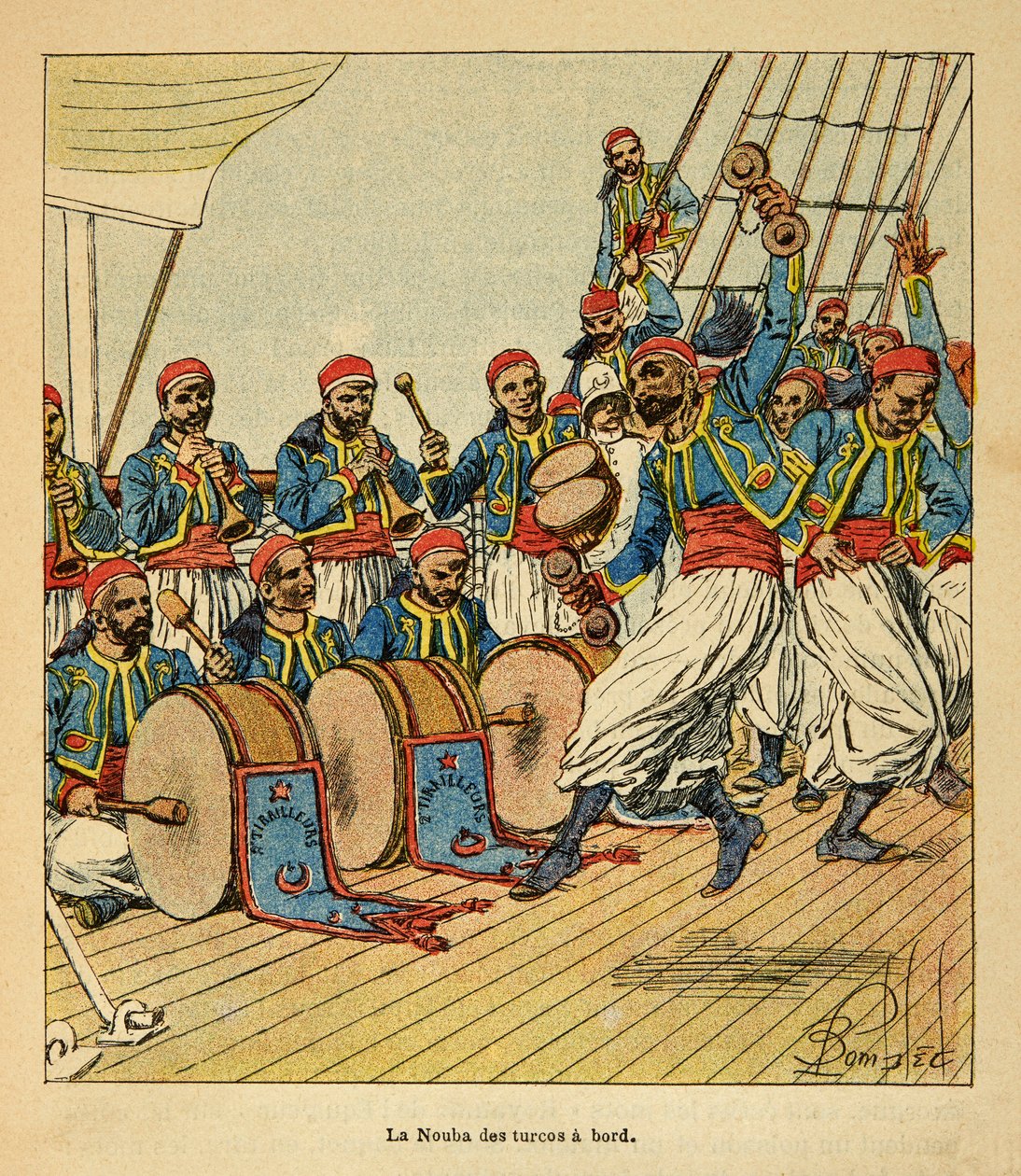 De Oorlog in Madagaskar-Anekdotische Geschiedenis van de Franse Expedities van 1885-1895 door Henri Galli, geïllustreerd door Louis Bombled: La nouba van de turcos aan boord van het schip op weg naar Madagaskar, privécollectie door Louis Charles Bombled
