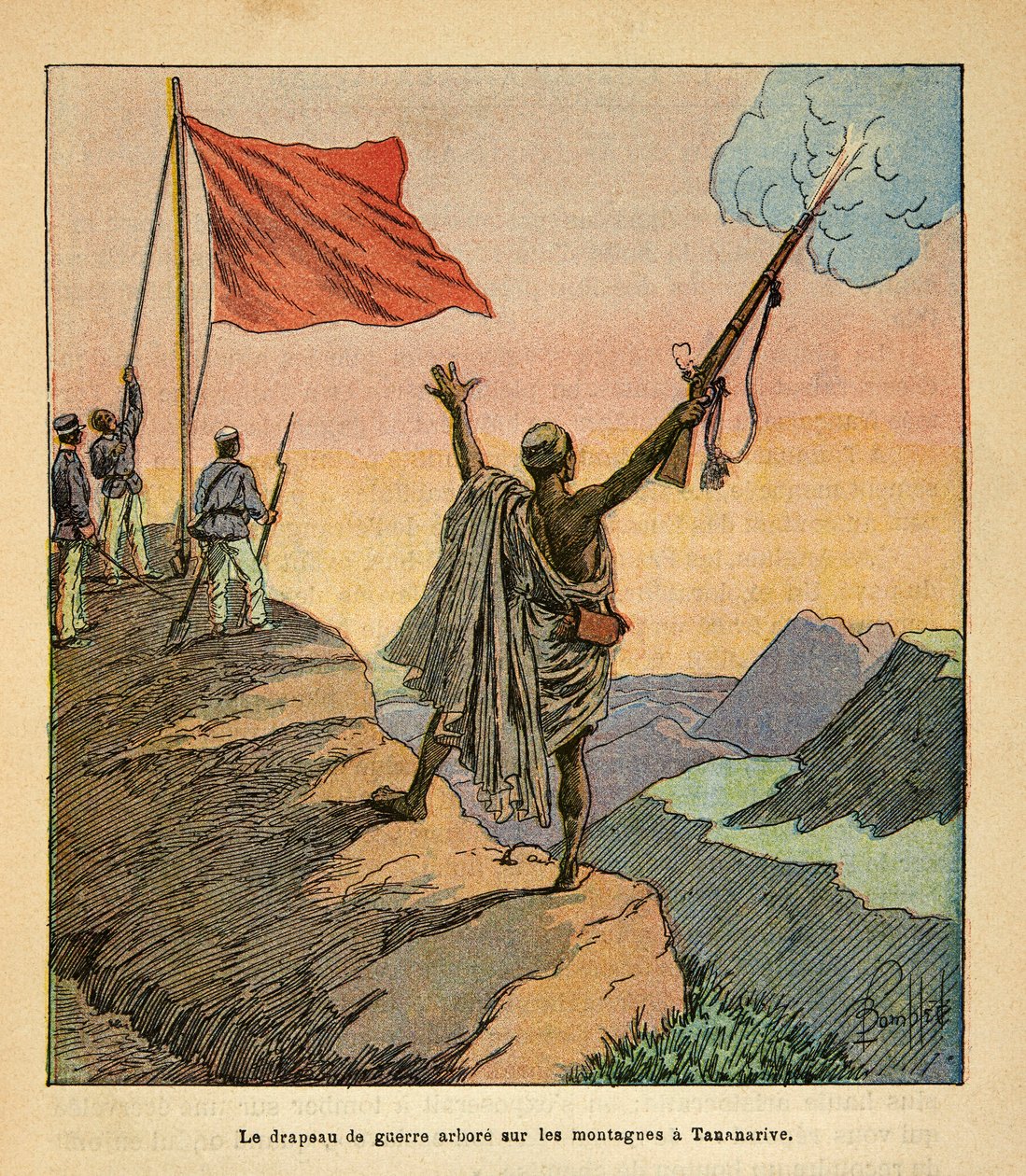 De Oorlog in Madagaskar-Anekdotische Geschiedenis van de Franse Expedities van 1885-1895 door Henri Galli, geïllustreerd door Louis Bombled: De Malagassische Rode Oorlogsvlag geplant op de Tananarive Bergen, privécollectie door Louis Charles Bombled