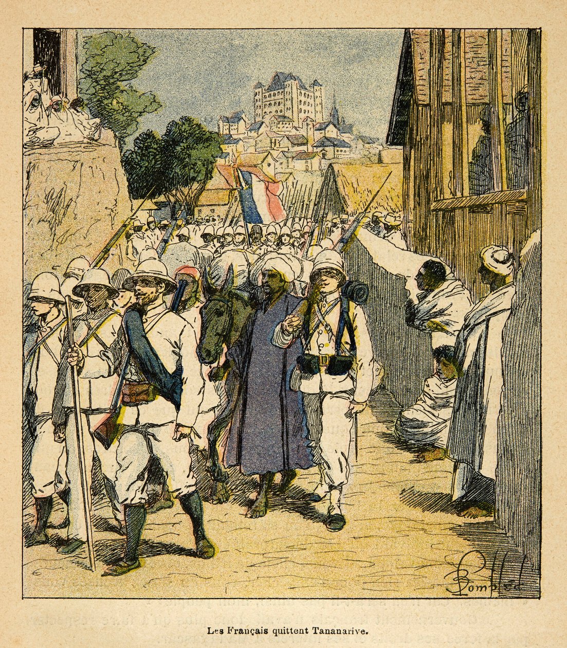 De Oorlog in Madagaskar-Anekdotische Geschiedenis van de Franse Expedities van 1885-1895 door Henri Galli, geïllustreerd door Louis Bombled: Het Franse leger in Tananarive in 1895, privécollectie door Louis Charles Bombled