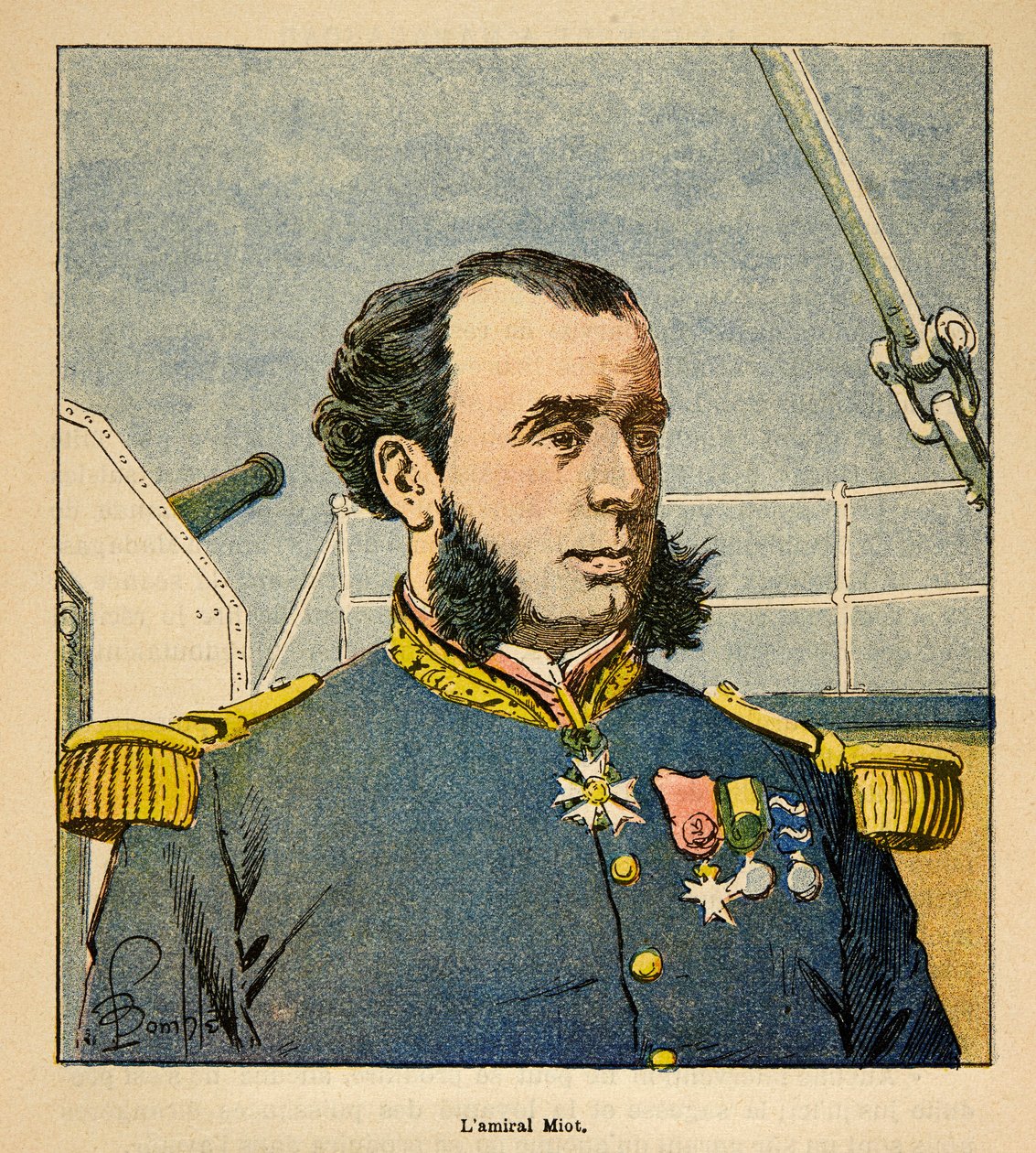 De Oorlog in Madagaskar-Anekdotische Geschiedenis van de Franse Expedities van 1885-1895 door Henri Galli, geïllustreerd door Louis Bombled: Portret van admiraal Paul Emile Miot, privécollectie door Louis Charles Bombled
