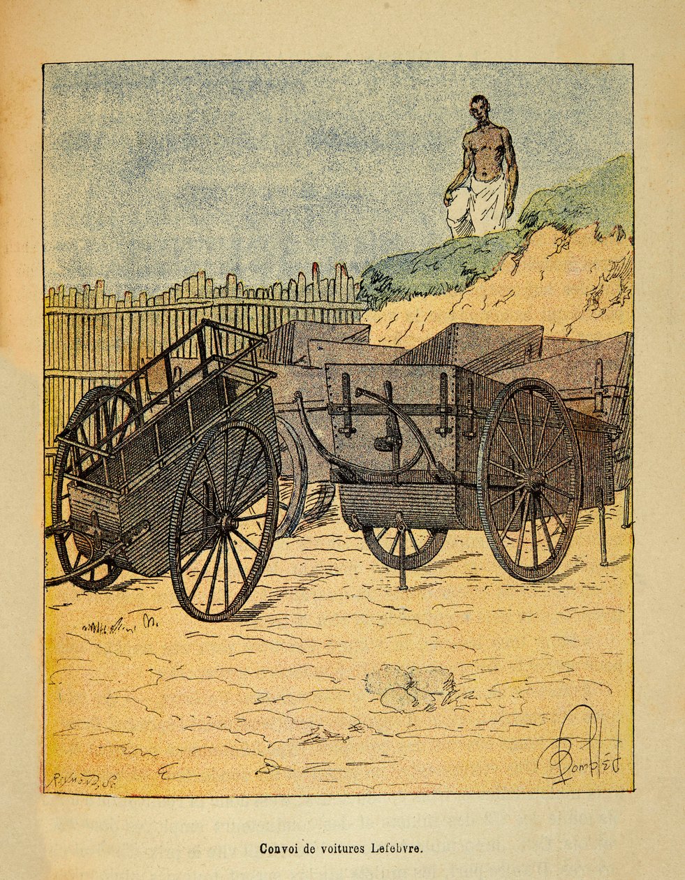 De oorlog in Madagaskar - Anekdotische geschiedenis van de Franse expedities van 1885-1895 door Henri Galli, geïllustreerd door Louis Bombled: Konvooi van auto