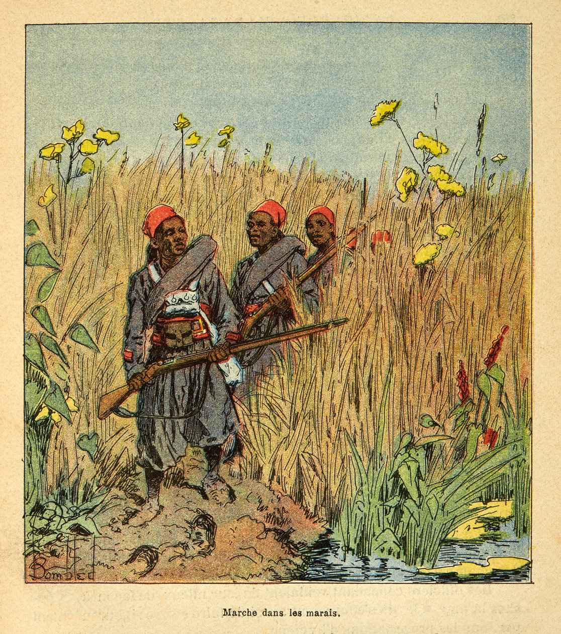 De oorlog in Madagaskar - Anecdotische geschiedenis van de Franse expedities van 1885-1895 door Henri Galli, geïllustreerd door Louis Bombled: Franse troepen op expeditie in de moerassen van Madagaskar in 1895, Privécollectie door Louis Charles Bombled