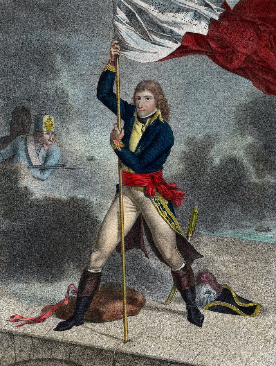 Napoleon Bonaparte tijdens de Slag bij de Brug van Arcole, november 1796 - Buonaparte Generaal en Chef van het Leger van Italië plant een vlag op de brug van Arcole in 1796 - gravure door Louis Charles Ruotte door Louis Charles Ruotte