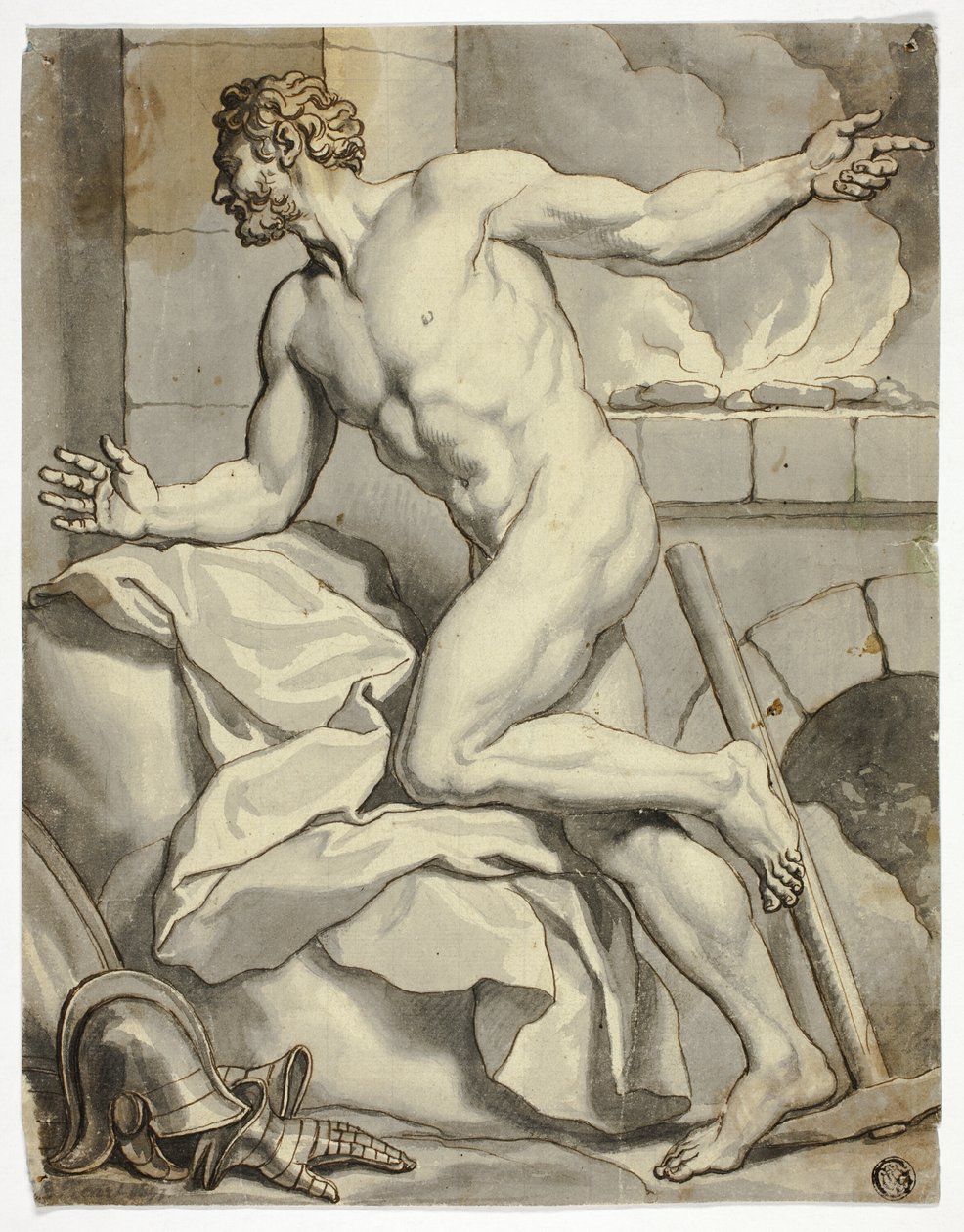 Mannelijk naakt geknield naast een oven (Vulcanus), met helm en metalen handschoenen op de vloer door Louis Cheron