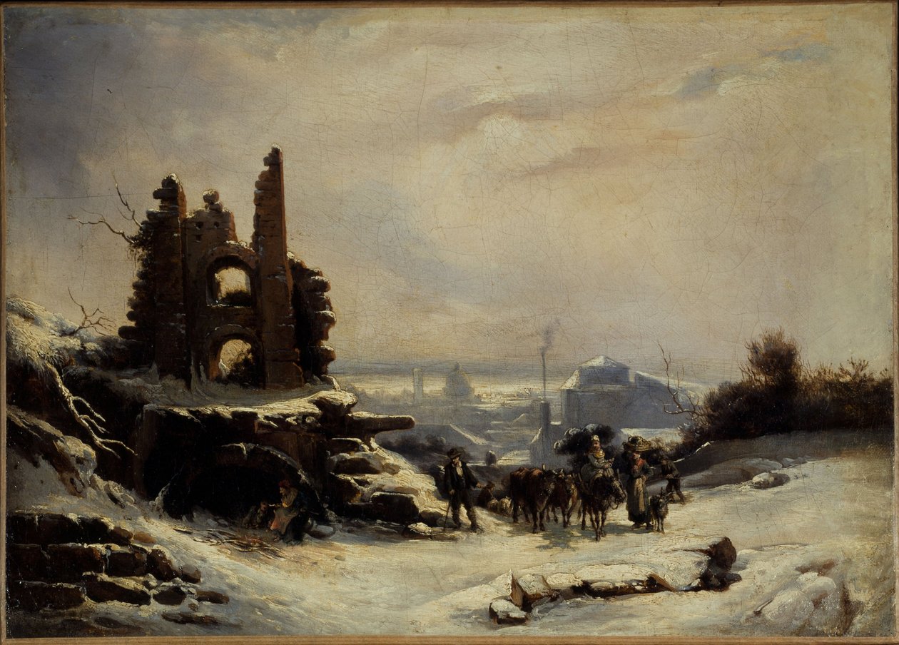 De terugkeer van de markt (sneeuweffect op Parijs), ca. 1830 (olieverf op doek) door Louis Claude Mallebranche
