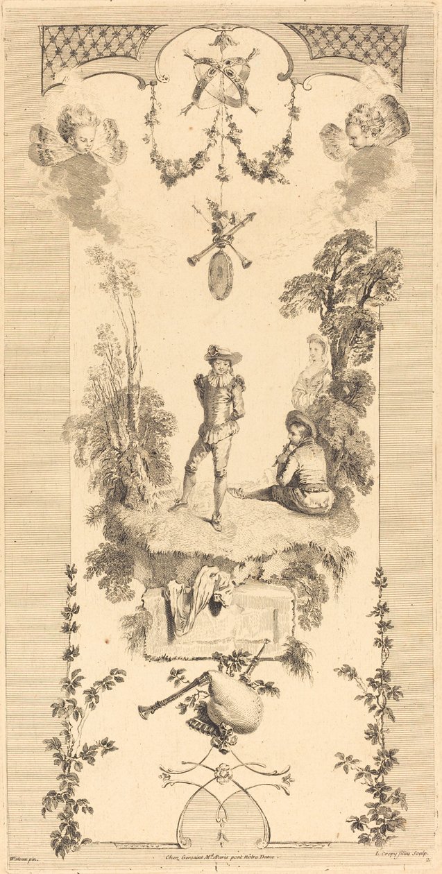 Herder die danst op het geluid van een fluit door Louis Crépy after Antoine Watteau