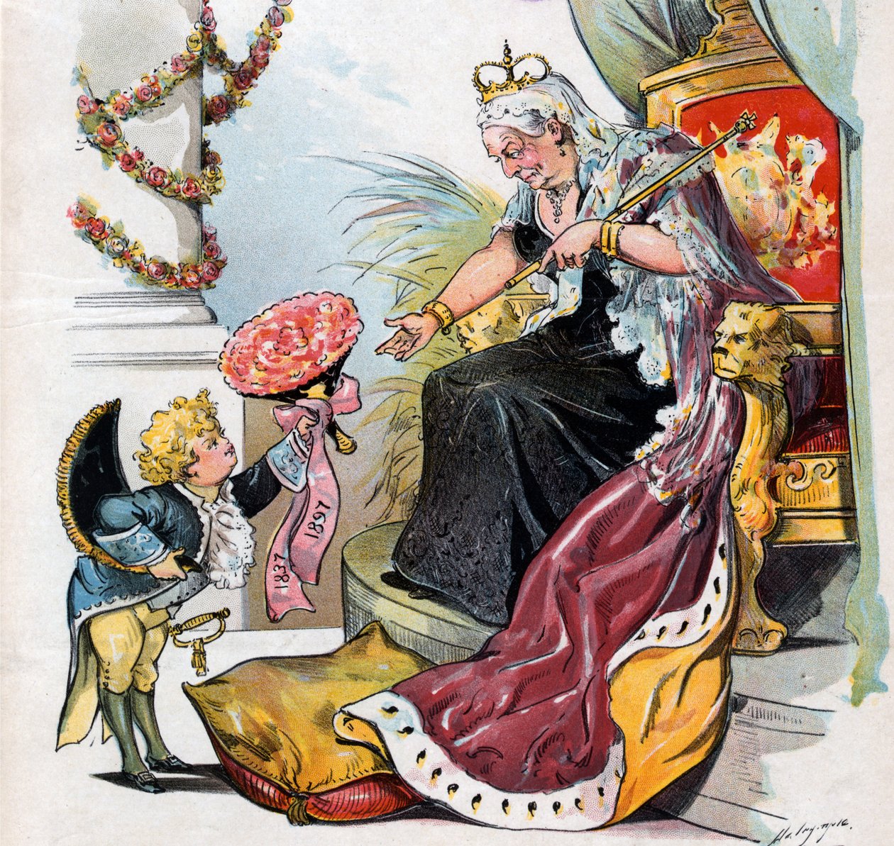 Puck buigt en overhandigt een boeket bloemen met de tekst "1837 1897" aan Koningin Victoria door Louis Dalrymple