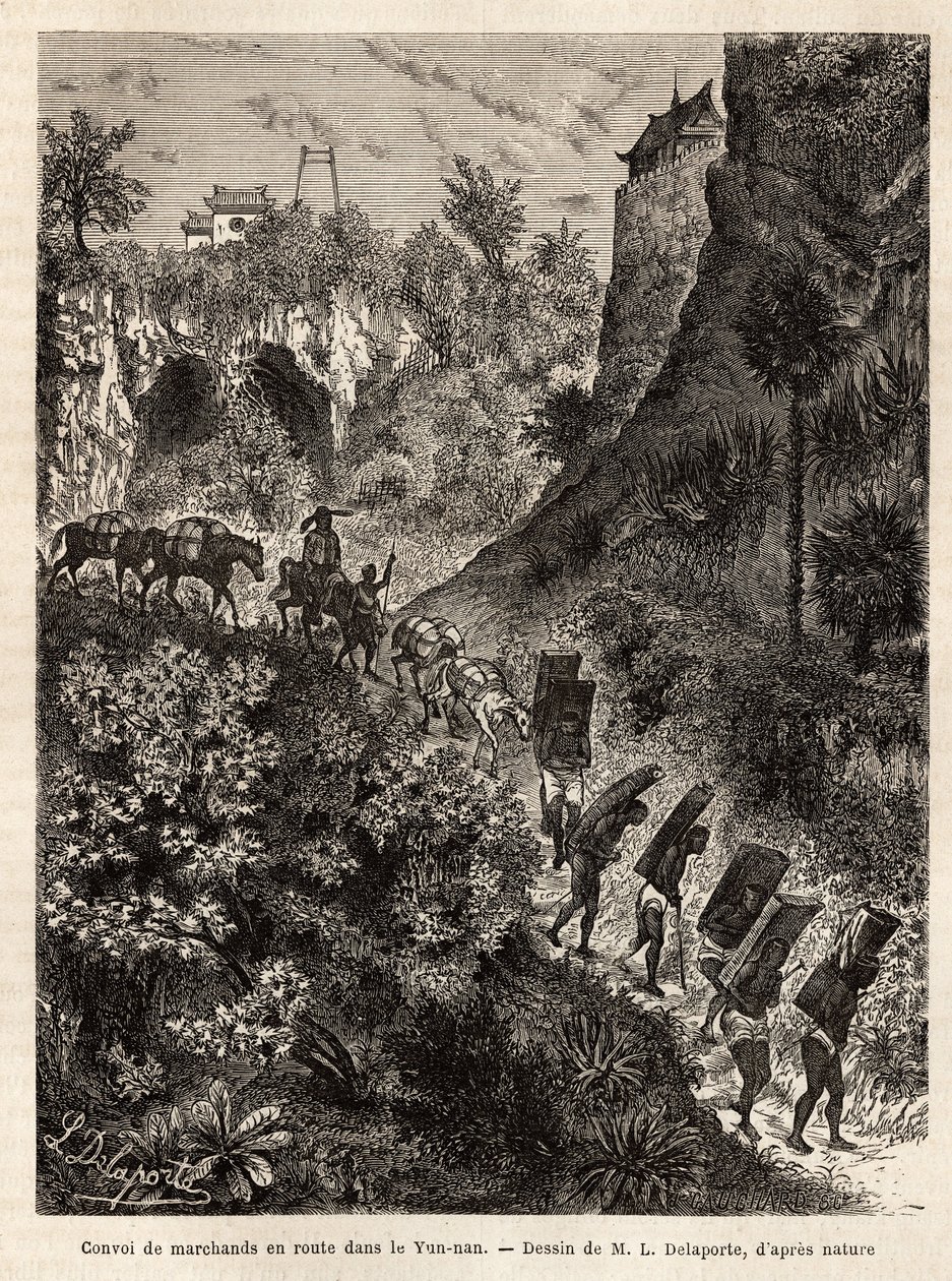 Een konvooi van kooplieden en hun dragers op weg naar Yunnan (China), gegraveerd naar de tekening van L.Delaporte, ter illustratie van de ontdekkingsreis in Indochina door Francis Garnier, luitenant van het schip, in 1866-1868, gepubliceerd in 
