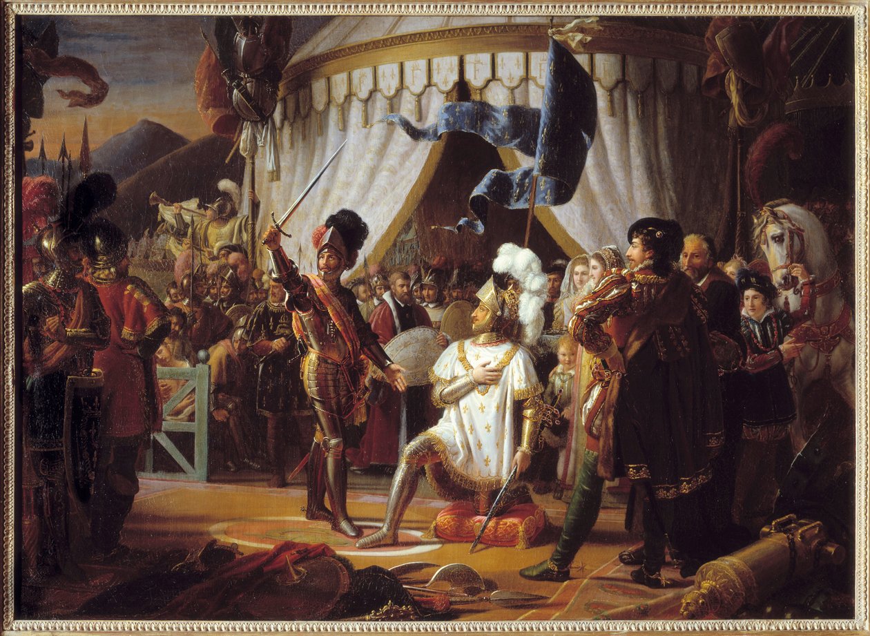 Francis I van Frankrijk vraagt om geridderd te worden door de Chevalier Bayard na de overwinning in de Slag bij Marignano, Italië, 1515 door Louis Ducis