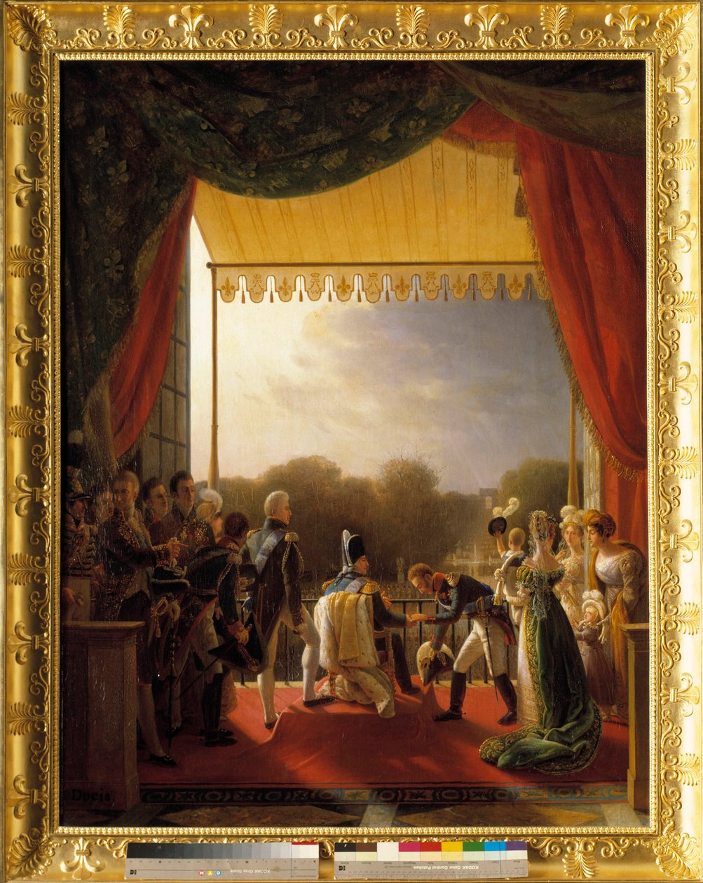 Lodewijk XVIII, omringd door leden van de koninklijke familie, op het balkon van de Tuilerieën, bij de terugkeer van het leger uit Spanje, 2 december door Louis Ducis
