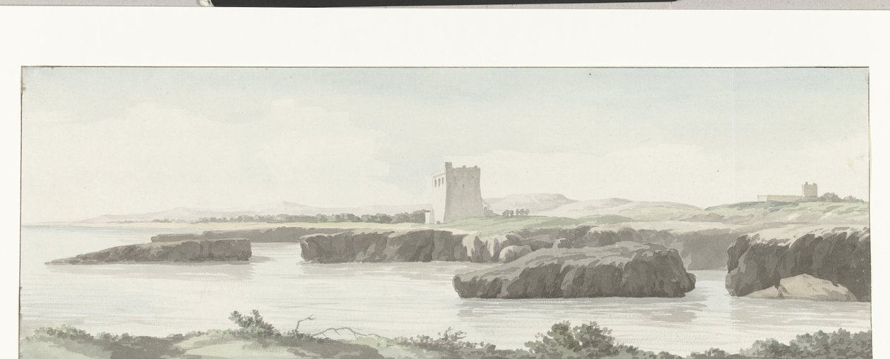 Gezicht op de kust van de Adriatische zee met een observatietoren aan de overzijde van Monopoli (Voyage en Italie, en Sicile et à Malte - 1778) door Louis Ducros