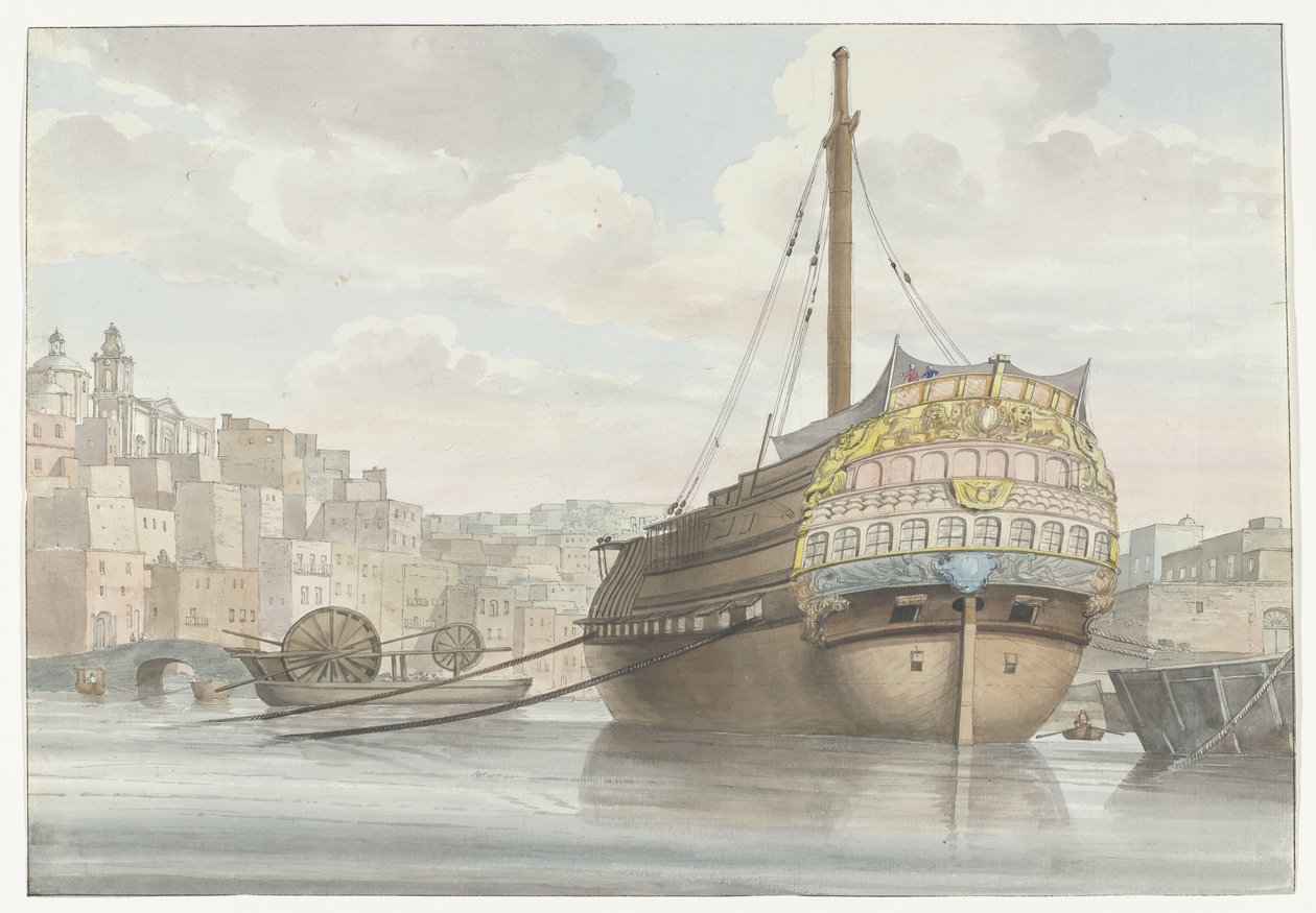Gezicht op haven met galei schip vlakbij de werf (Voyage en Italie, en Sicile et à Malte - 1778) door Louis Ducros