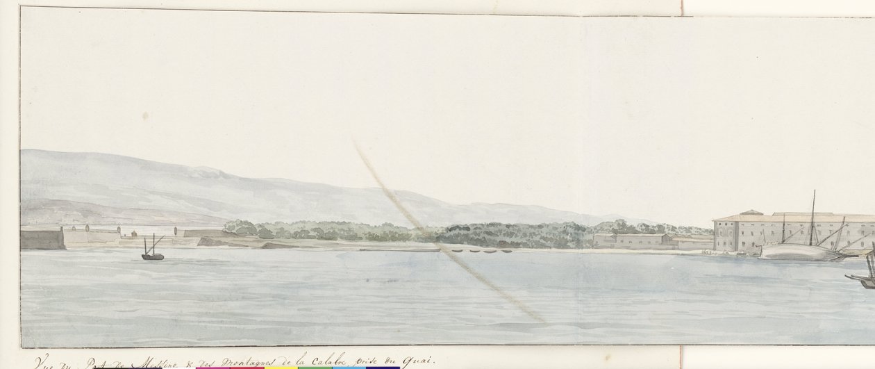 Gezicht op haven van Messina en bergen van Calabrië vanaf kade door Louis Ducros