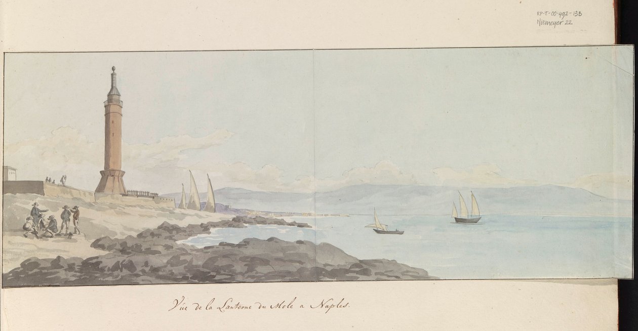 Gezicht op vuurtoren bij havenhoofd te Napels (Voyage en Italie, en Sicile et à Malte - 1778) door Louis Ducros