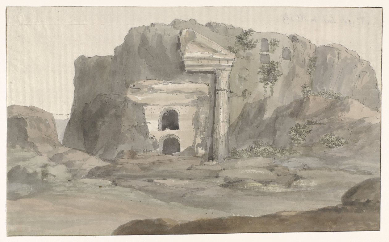 Graven met gevel in Dorische stijl in rots gehouwen in omgeving van Syracuse (Voyage en Italie, en Sicile et à Malte - 1778) door Louis Ducros