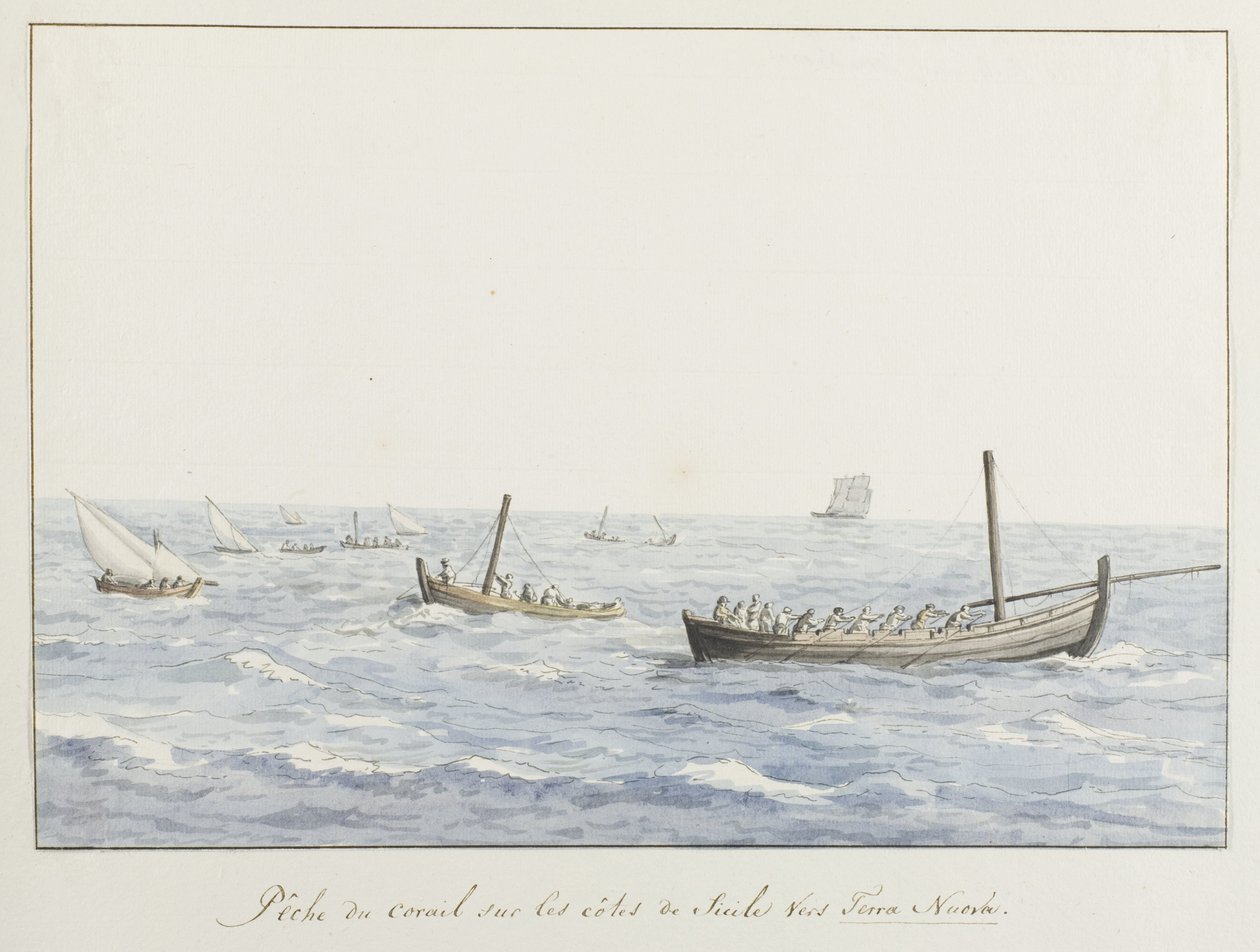 Koraalvissers voor de kust van Sicilië ter hoogte van Terra Nuova (Voyage en Italie, en Sicile et à Malte - 1778) door Louis Ducros
