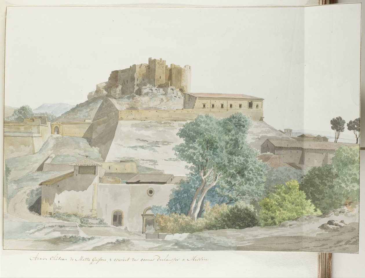 Oude kasteel van Mata en Grifone en het karmelieten klooster, grondvesten van Messina (Voyage en Italie, en Sicile et à Malte - 1778) door Louis Ducros