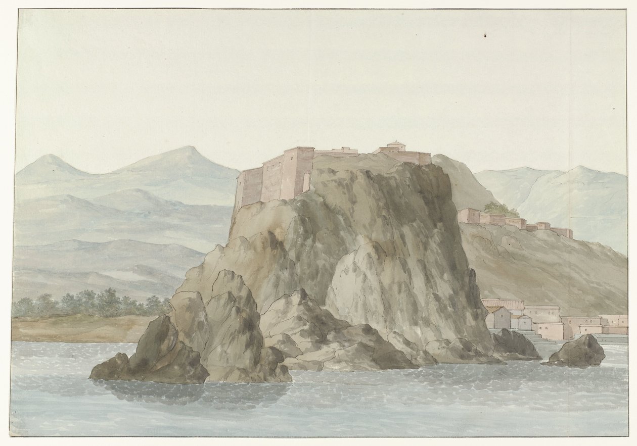 Rots en stad Scilla in de regio Calabrië gezien vanaf zee aan de noordkant (Voyage en Italie, en Sicile et à Malte - 1778) door Louis Ducros