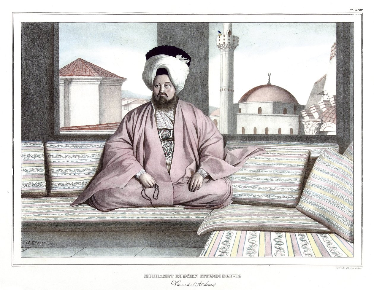 Mouhamet Ruscien Effendi Dervis, vaivode van Athene - uit "Reis naar Athene en Constantinopel, of verzameling van Griekse en Ottomaanse portretten, uitzichten en kostuums, geschilderd op plaatsen van de natuur, lithografieën en kleuren door Louis Dupre (17 door Louis Dupré