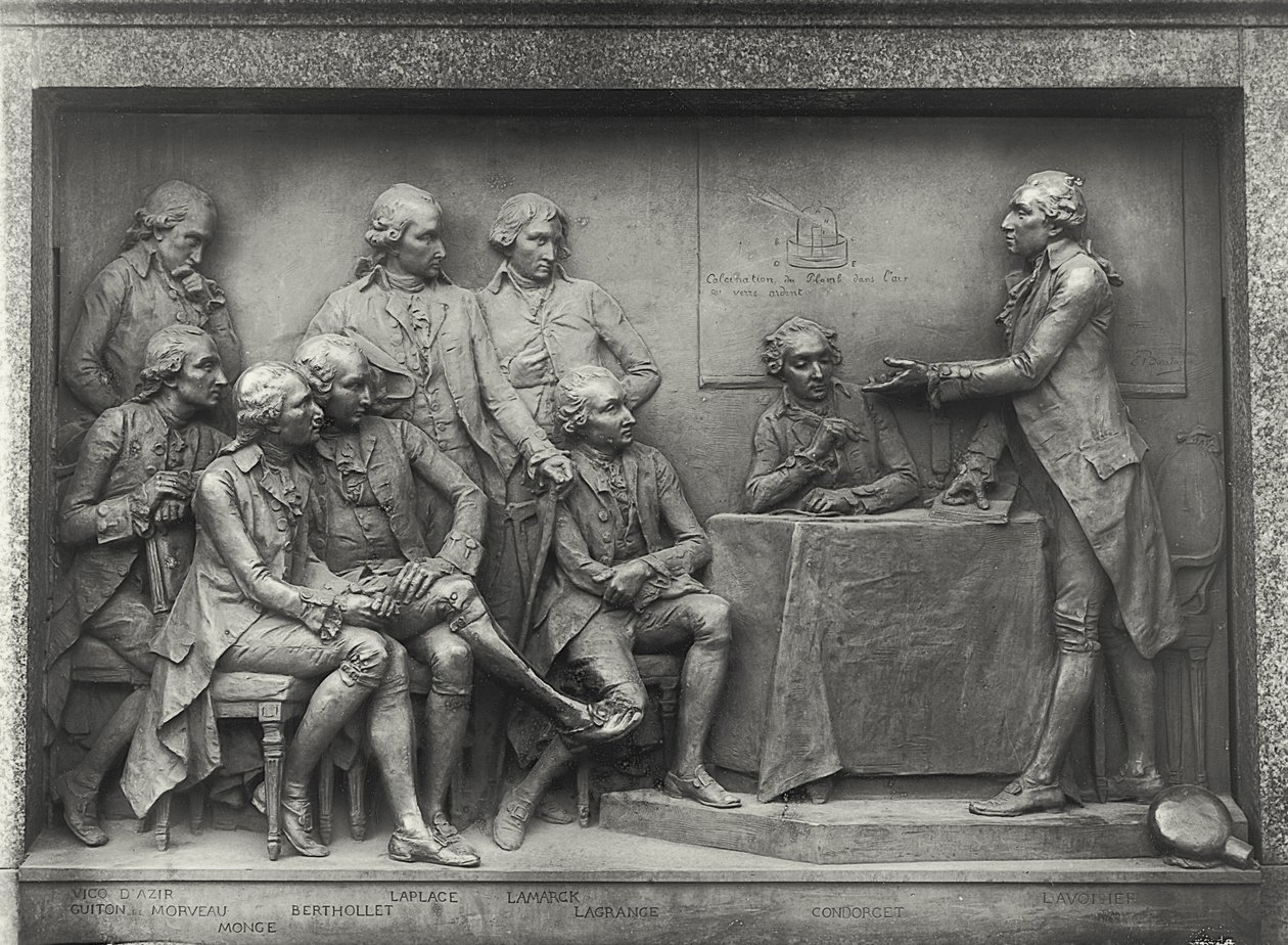 Antoine Laurent Lavoisier (1743-94) legt zijn luchtanalyse uit aan zijn collega