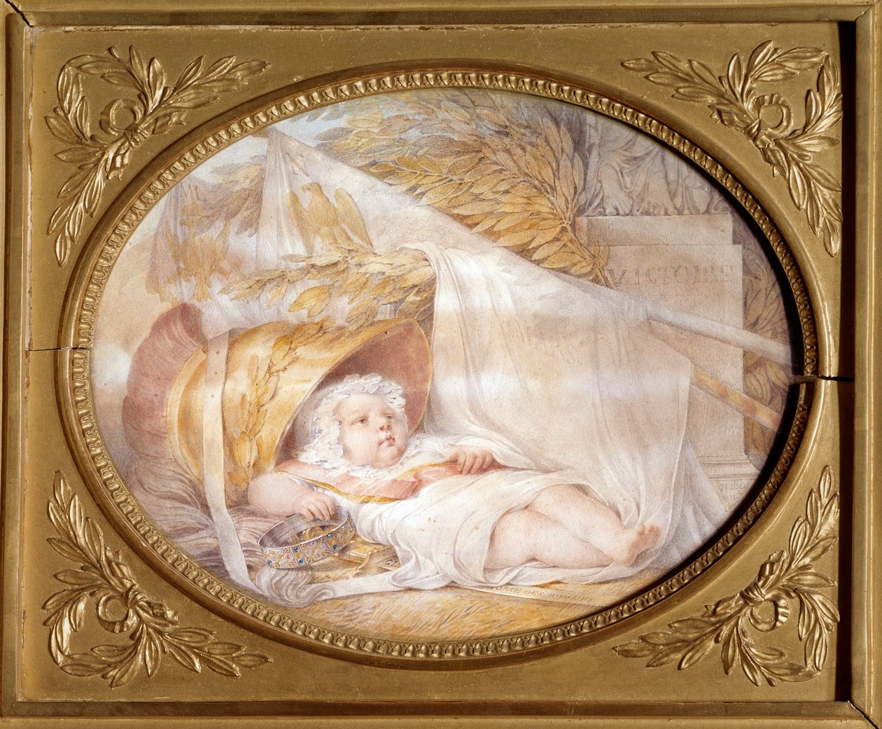 Portret van de Koning van Rome als baby (1811-1832) in de helm van Mars Napoleon II, Hertog van Reichstadt, zoon van Keizer Napoleon I (1769-1821) als pasgeborene door Louis Eugene Gabriel Isabey