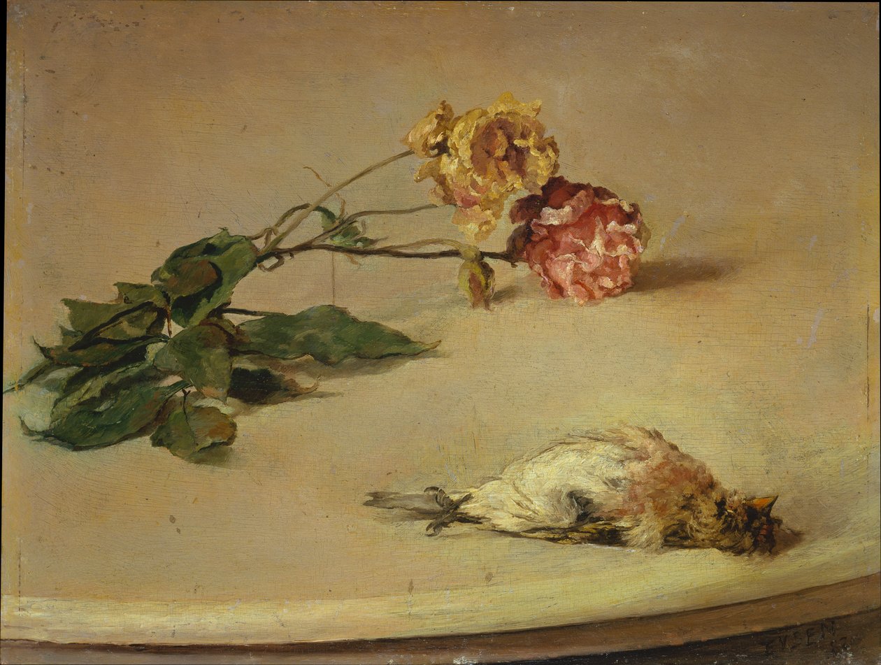 Dode vogel en twee rozen op een tafelblad door Louis Eysen