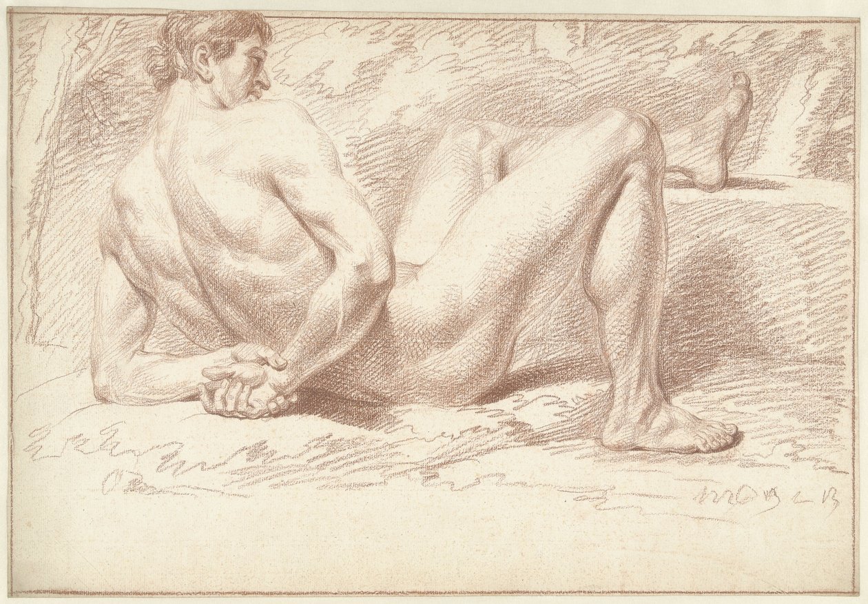 Mannelijk naakt, liggend, de armen op de rug door Louis Fabritius Dubourg